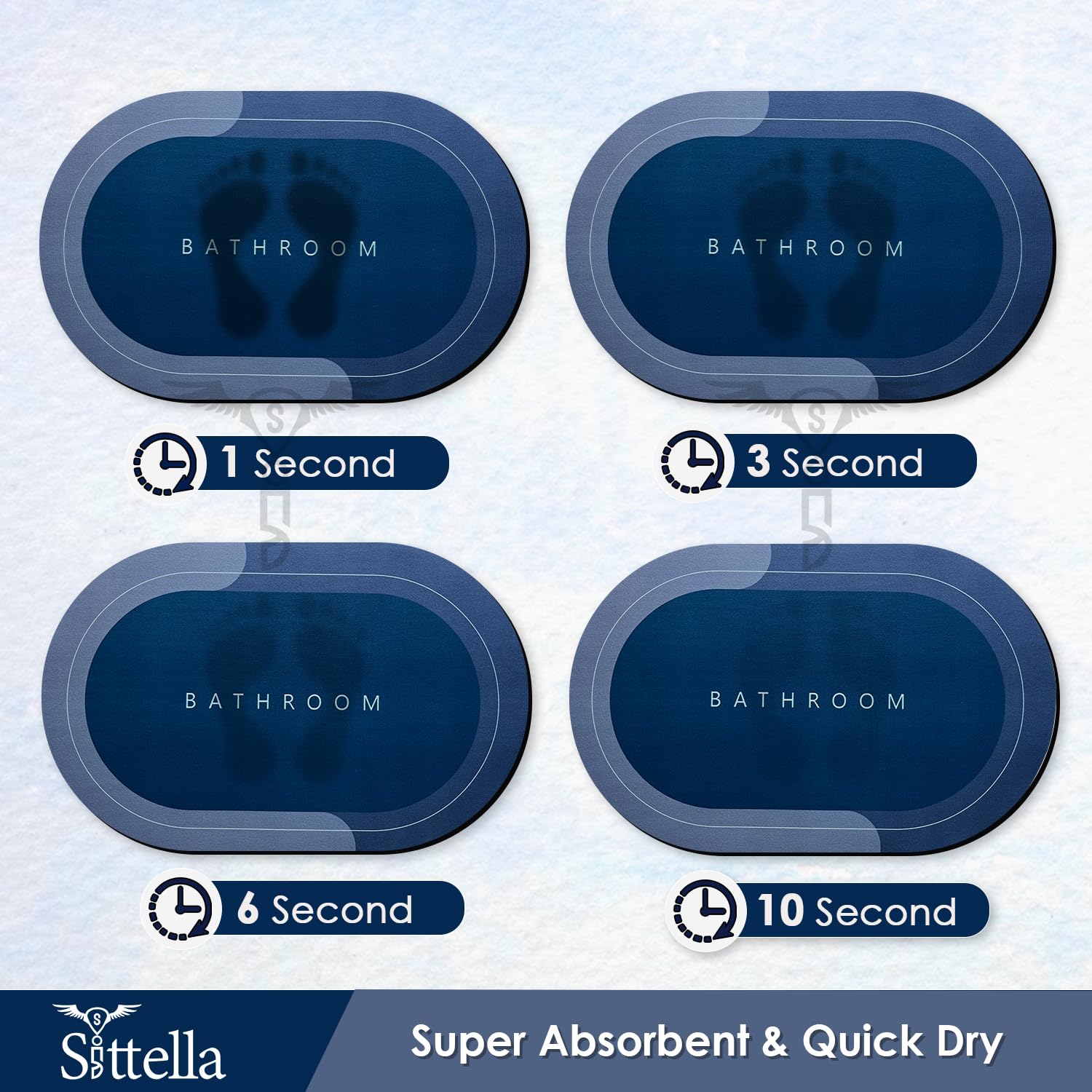 Sittella Rubber 3 Pieces (3.5Mm) Anti-Skid Water Soaking Bathroom Print Door Mat, Water Absorbent Mat (40X60Cm) Blue, Oval