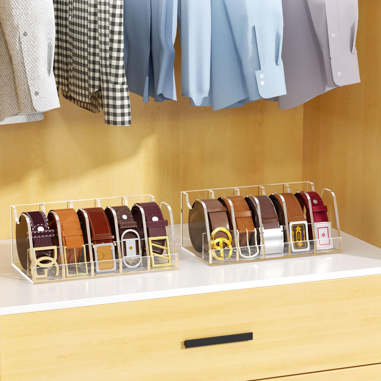 Niubee Belt Organizer, Acrylic Belt Storage Holder For The Closet And Drawer, 5 Compartments Belt Box With Display Stand