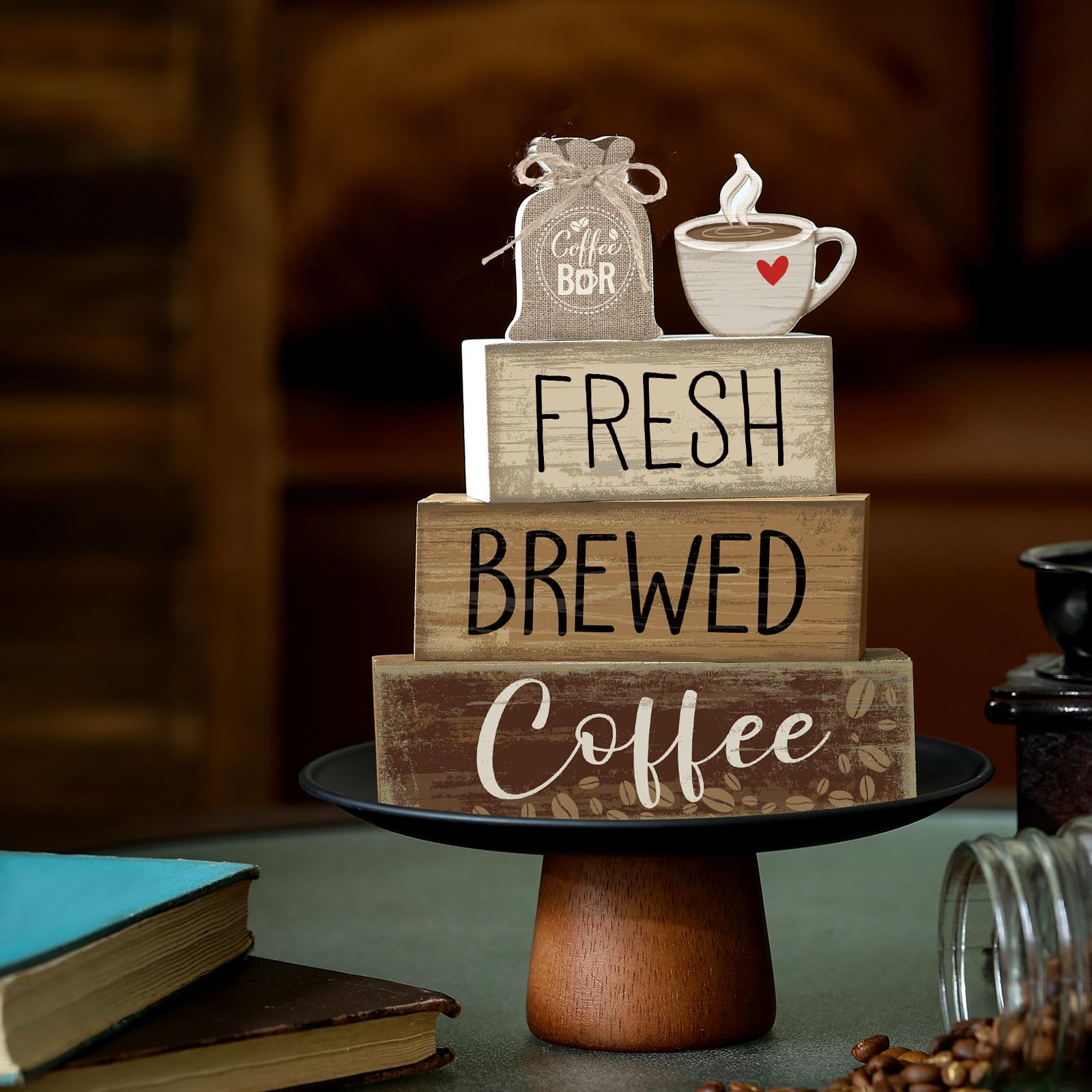 Yuntau 5 Pcs Wooden Coffee Bar Decor Cocoa Tiered Tray Decor Rustic Wood Bar Sign Gift Farmhouse Table Top Centerpiece Stacks Bl
