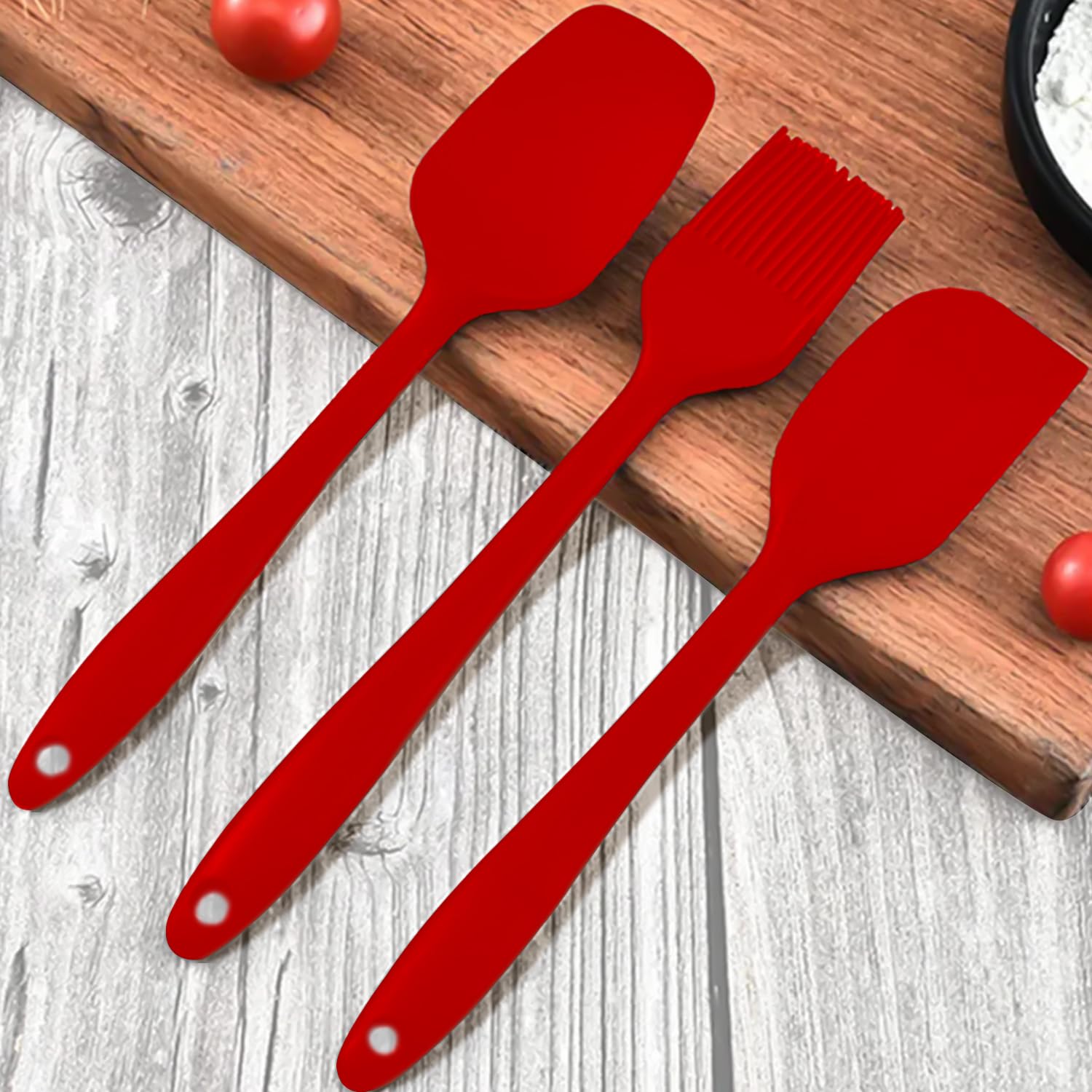 Frenchware (Set Of 3, Red) Small Spatula, Small Spoon & Brush, Non-Stick Silicon Spatula Set For Cooking & Baking, Heat-Resistan