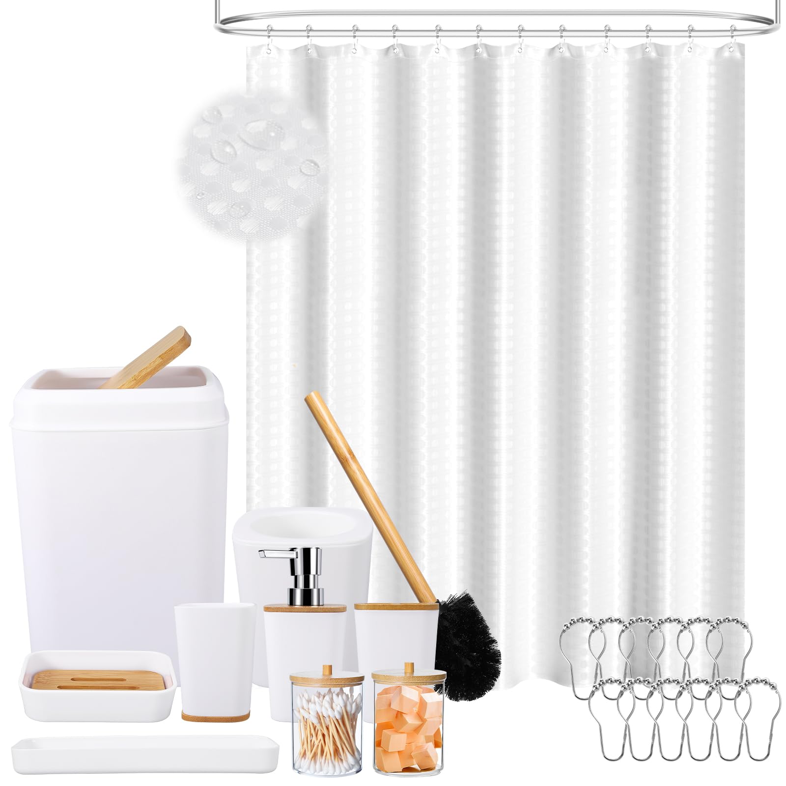 White Bathroom Sets Accessories With Waffle Shower Curtain,Bathroom Sets With Trash Can,Toothbrush Holder,Toothbrush Cup,Soap Di