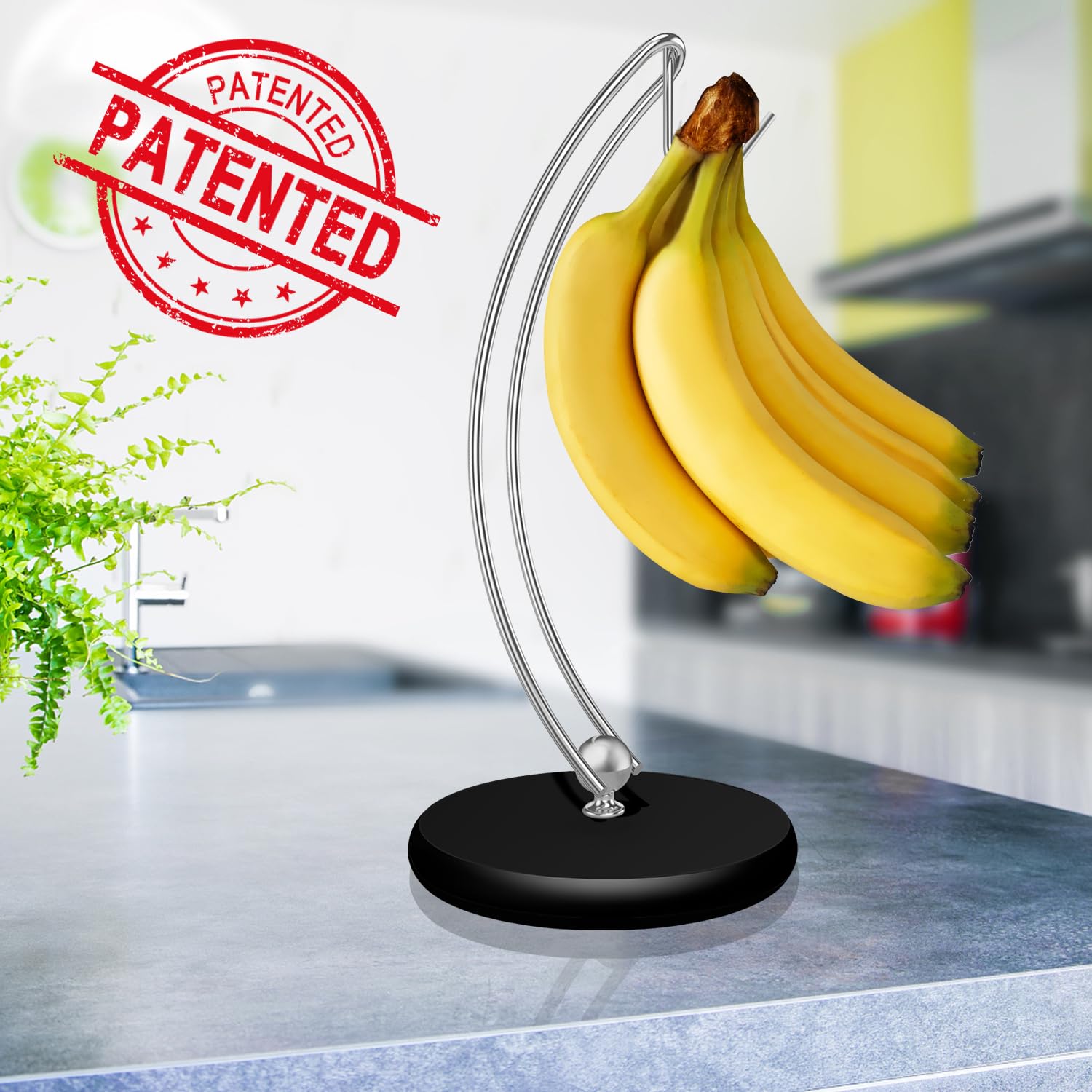 Signice Banana Holder Stand - Newest Patented Modern Banana Tree Hanger with Wood Base Stainless Steel Banana Rack for Home Kitc