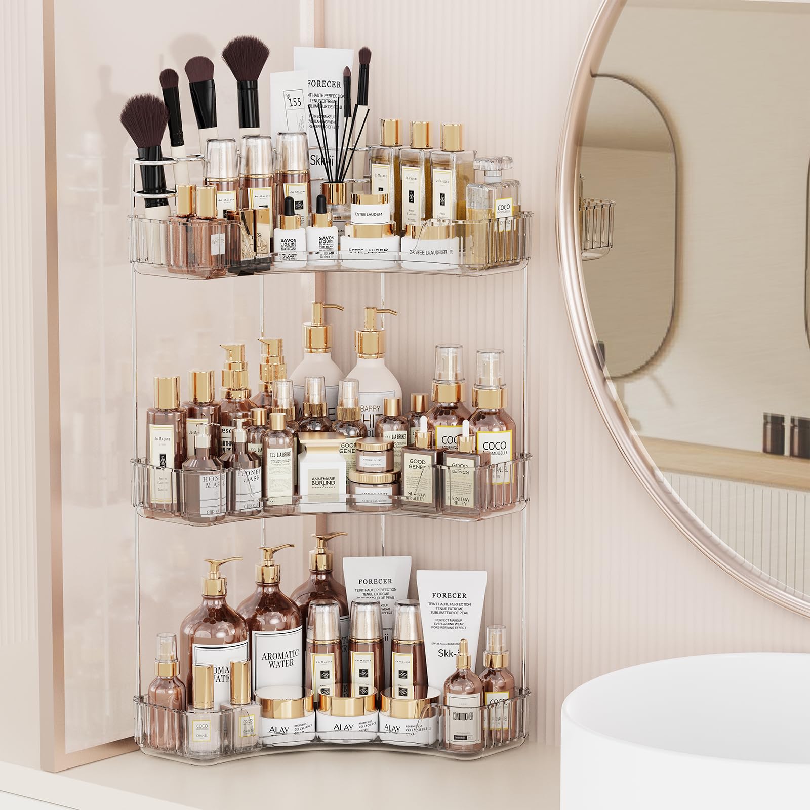 Asayuee 3-Tier Corner Bathroom Counter Organizer with Top Toothbrush Holders,Large Makeup Organizer Countertop with Brush Holder