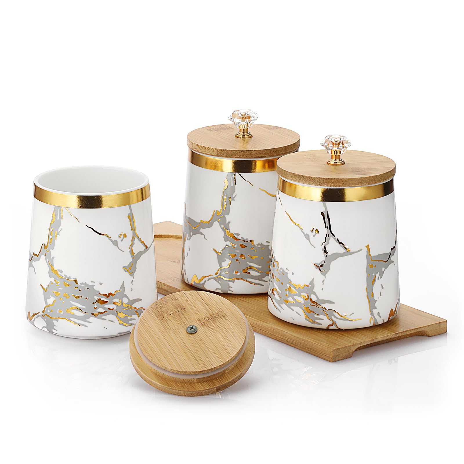 JUXYES Set of 3 Canisters Set for Sugar Coffee Tea with Airtight Lid, Ceramic Storage Containers Sets White Storage Pots with Tr