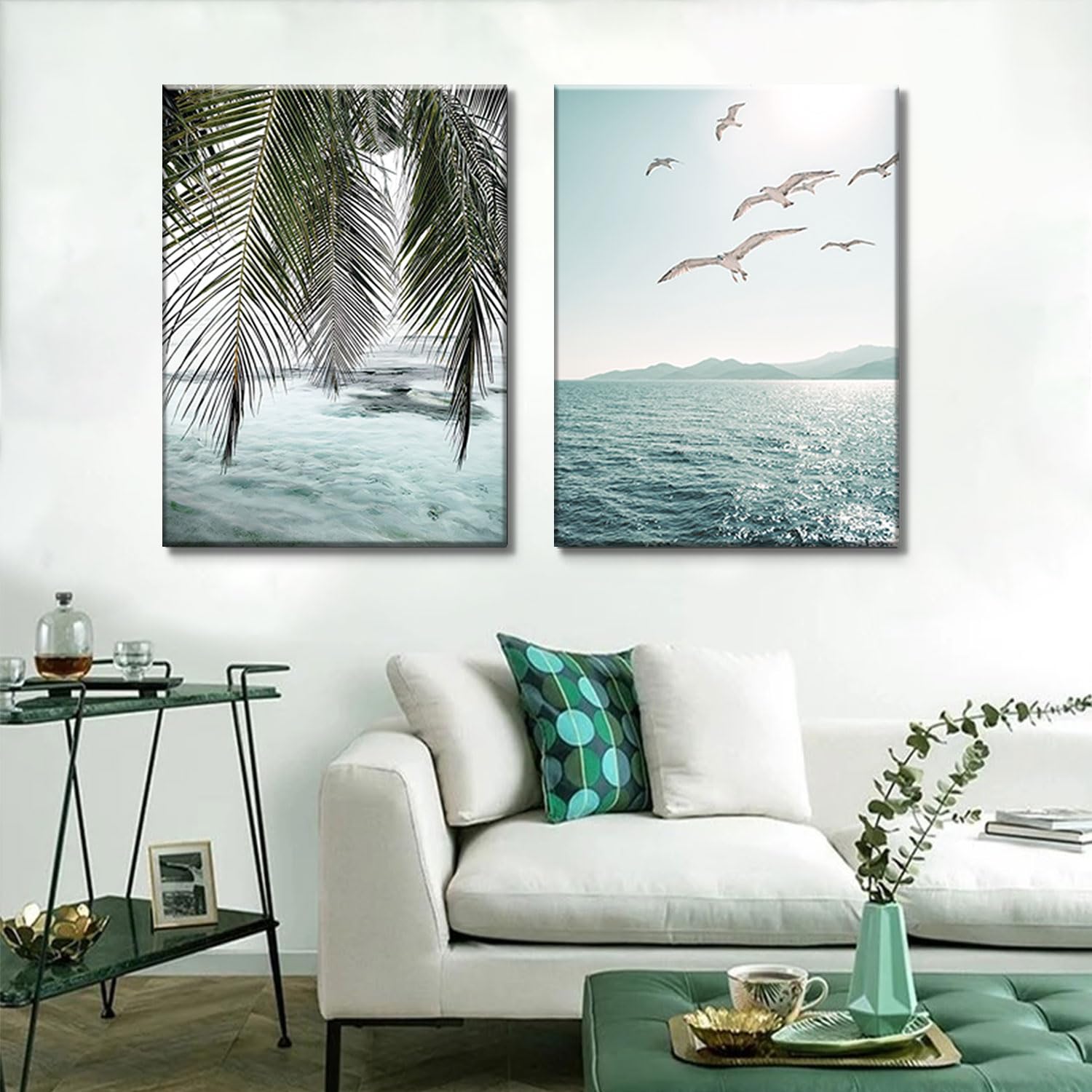 Framed Ocean Wall Art Beach Tropical Prints Bathroom Decor Canvas Turquoise Seascape Mint Green Paintings Coastal Pictures Palm Tree Artwork for Bedroom Living Room12''*16''*2
