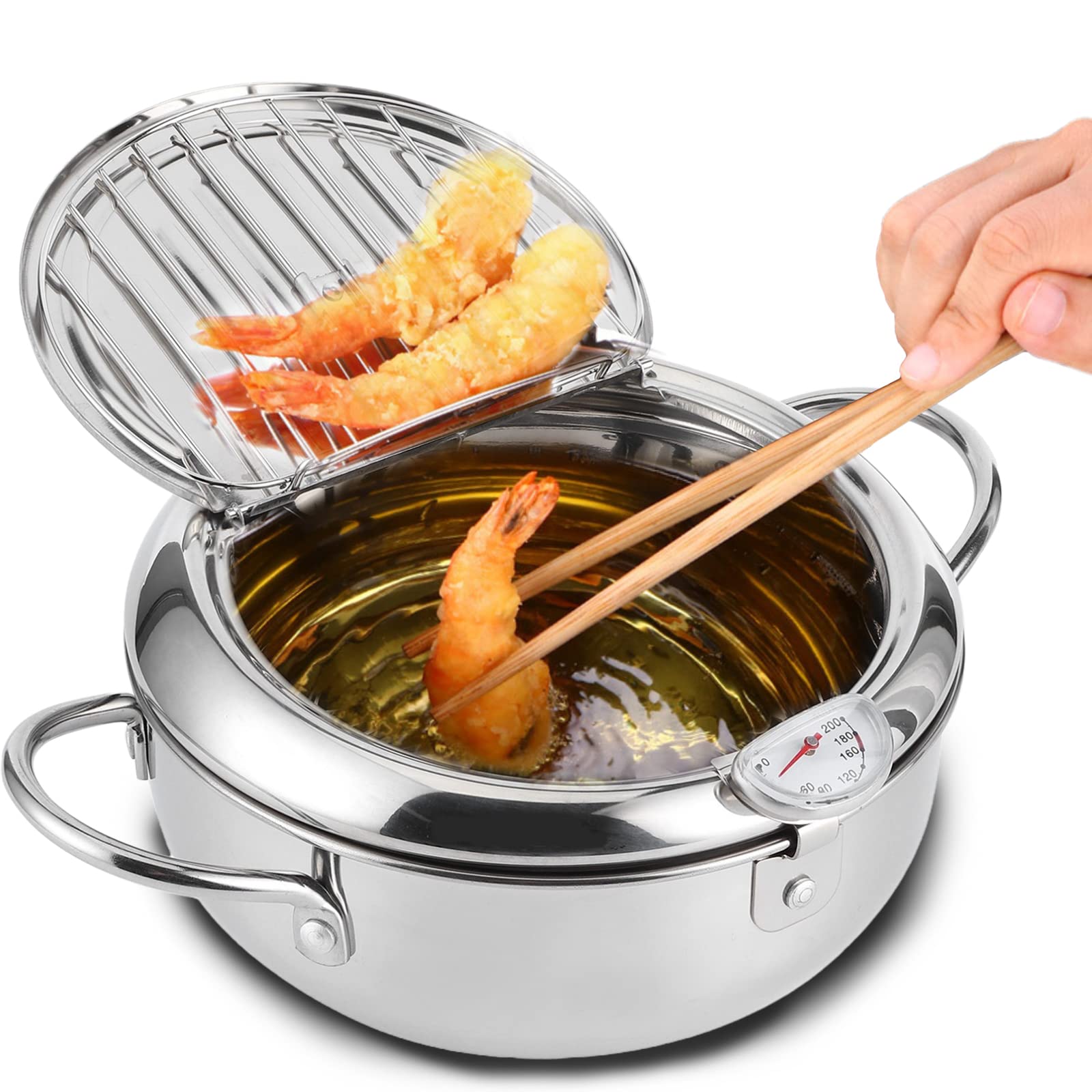 Stainless Steel Deep Fryer Pot,Tempura Small Deep Fryer Pot With Thermometer Oil Drip Drainer Rack For French Fries Shrimp Chick