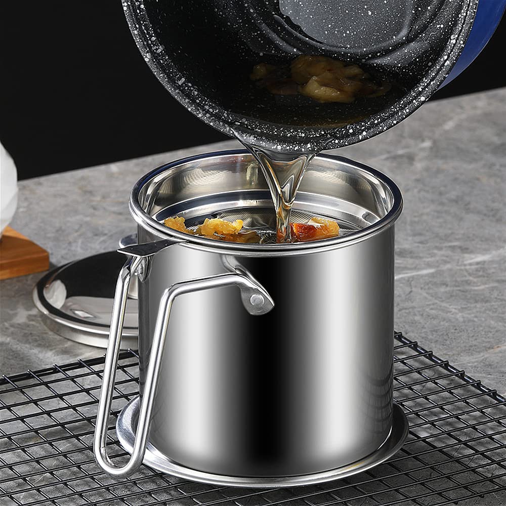 Yyjingyou Grease Container With Fine Mesh Strainer Kitchen Oil Storage Tank Pot (1.3L Stainless Steel 410)