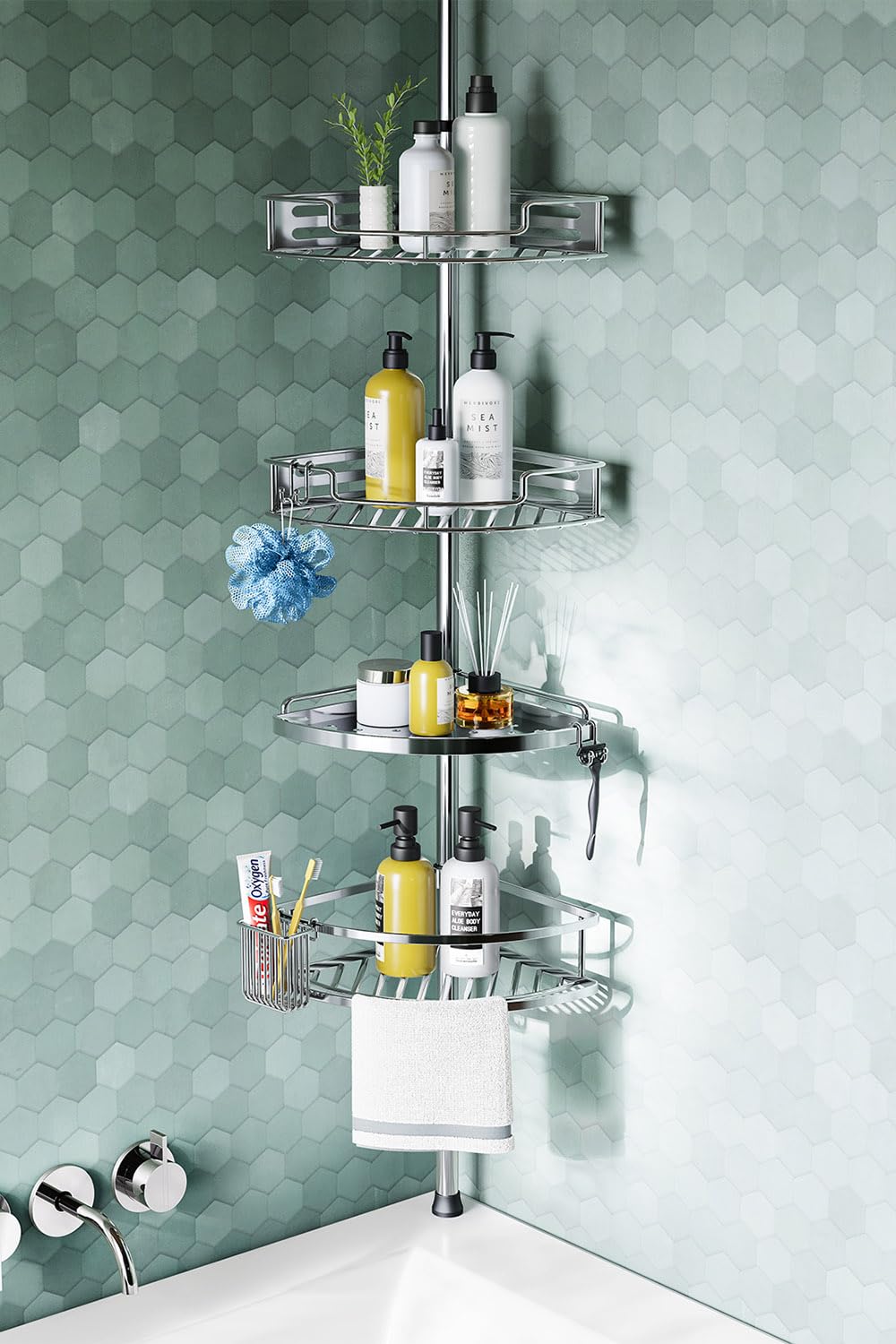 Hamitor Corner Shower Caddy Tension Pole: Quick Installation 4-Tier Rustproof Bathroom Organizer Shelves For Bathtub Shampoo Sto