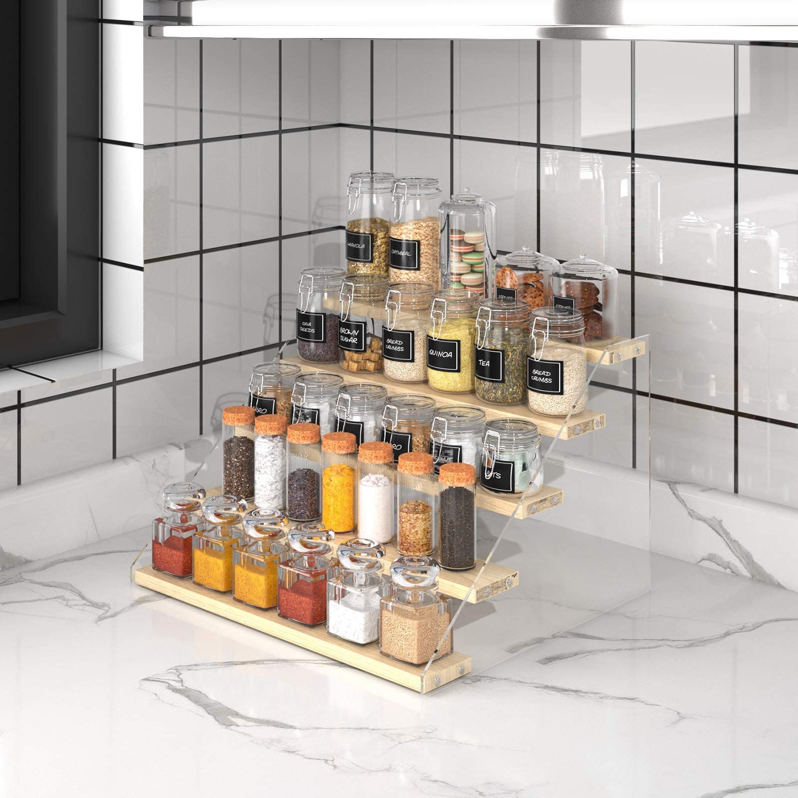 VAEHOLD Spice Rack Organizer for Cabinet & Countertop - Seasoning Organizer Spice Shelf - Space Saving Wooden Display Risers She
