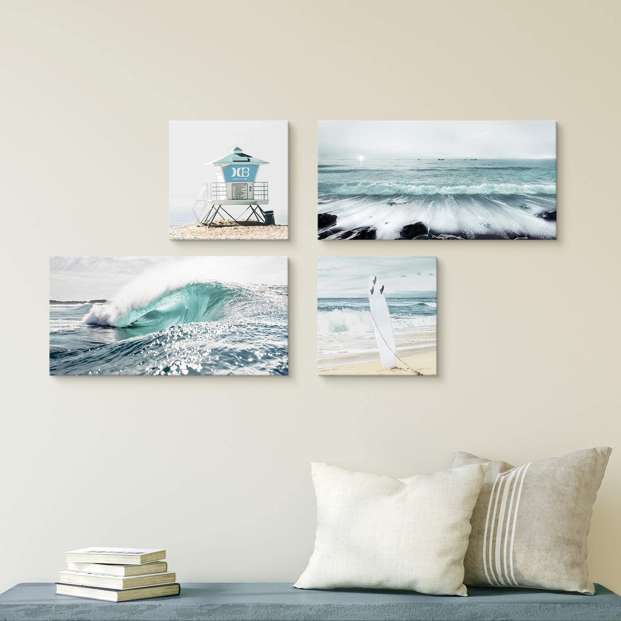 Summer Melody Surf Ocean Canvas Wall Art: 4 Pieces Bedroom Beach Surfboard Pictures Blue Sea Wave Seaside Scenery Painting Tropi