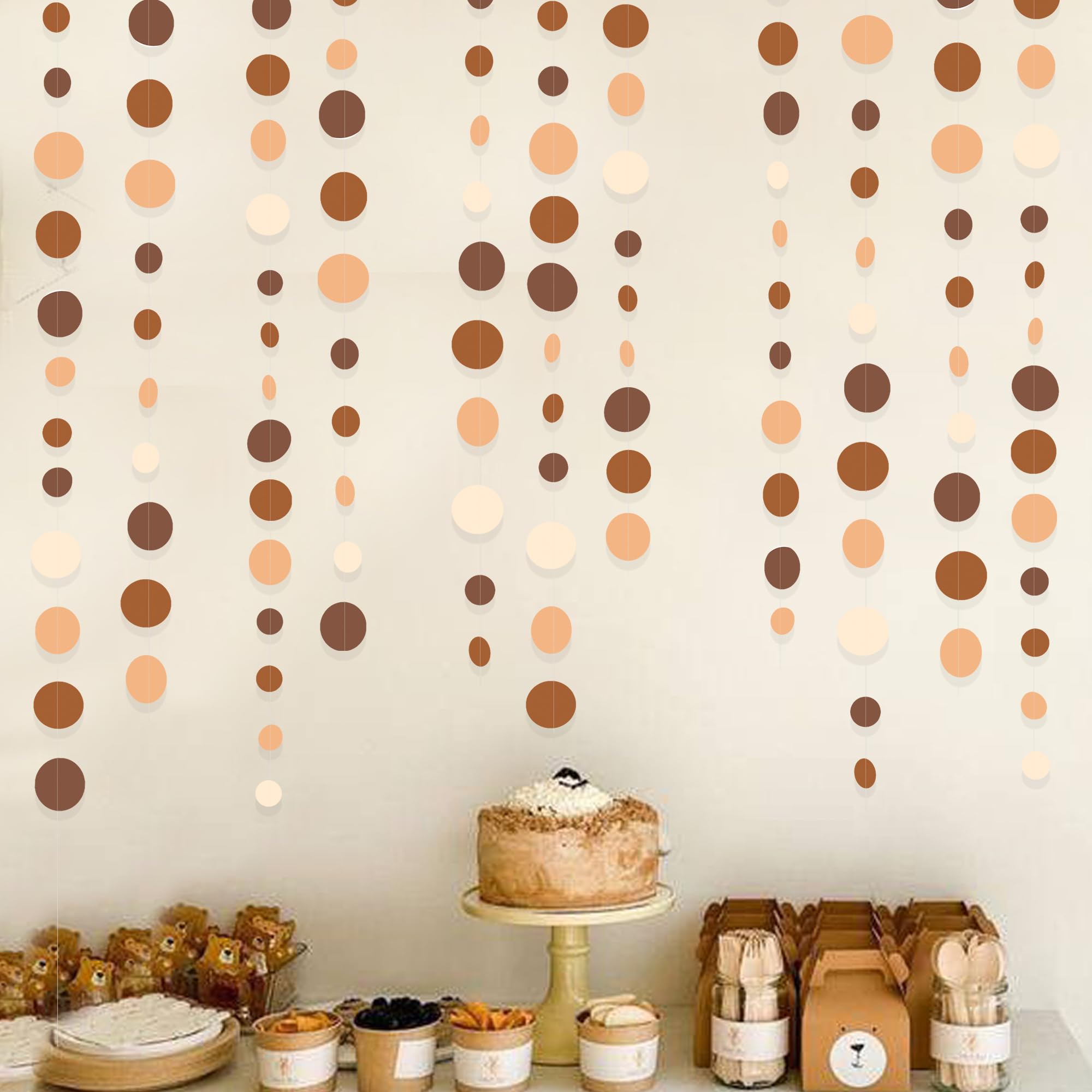 Ombre Brown Party Decorations Polka Dots Garlands Cream Tan Brown Boho Hanging Paper Circle Dots Streamer For Neutral Rustic Cow