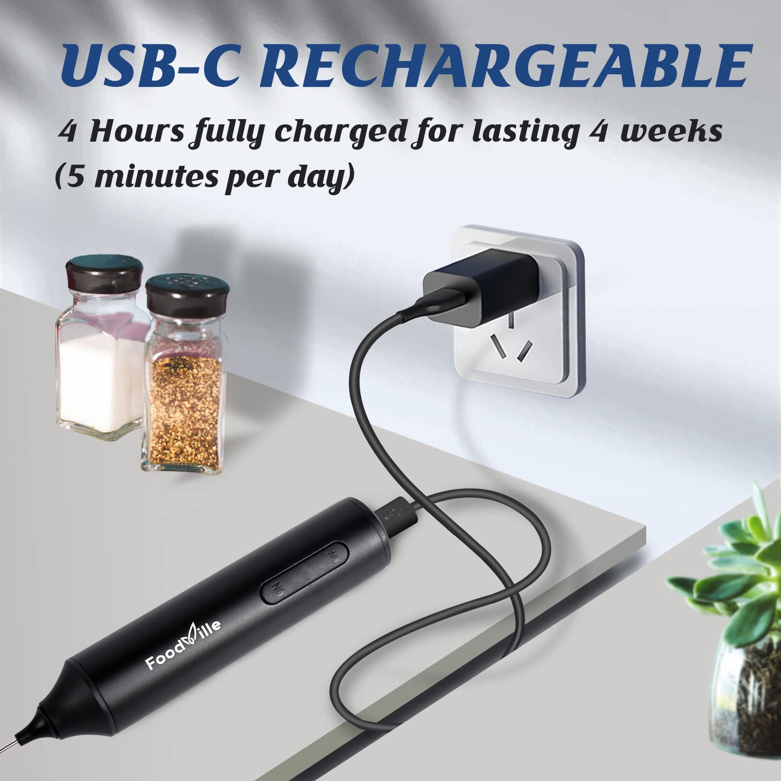 Foodville Mf05 Rechargeable Milk Frother Usb Charging Handheld Foam Maker With Stainless Balloon Whisk For Cappuccino, Latte, Bu