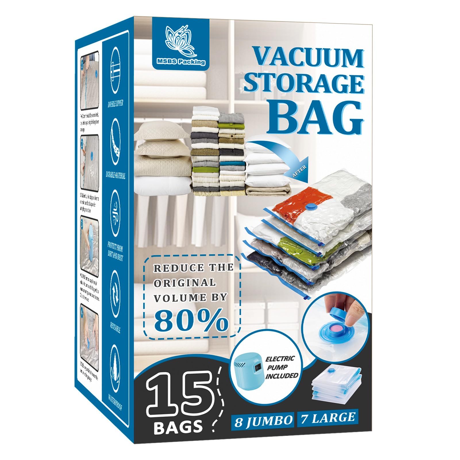 15 Pack Vacuum Storage Bags With Electric Pump, Space Saver Bags (8 Jumbo/7 Large) Compression For Comforters And Blankets, Seal