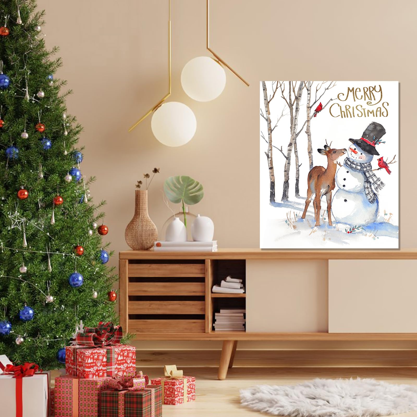 Christmas Canvas Wall Art Decor: Snowman And Deer Decorations Pictures Prints - Winter Scene Aesthetic Painting Artwork Farmhous