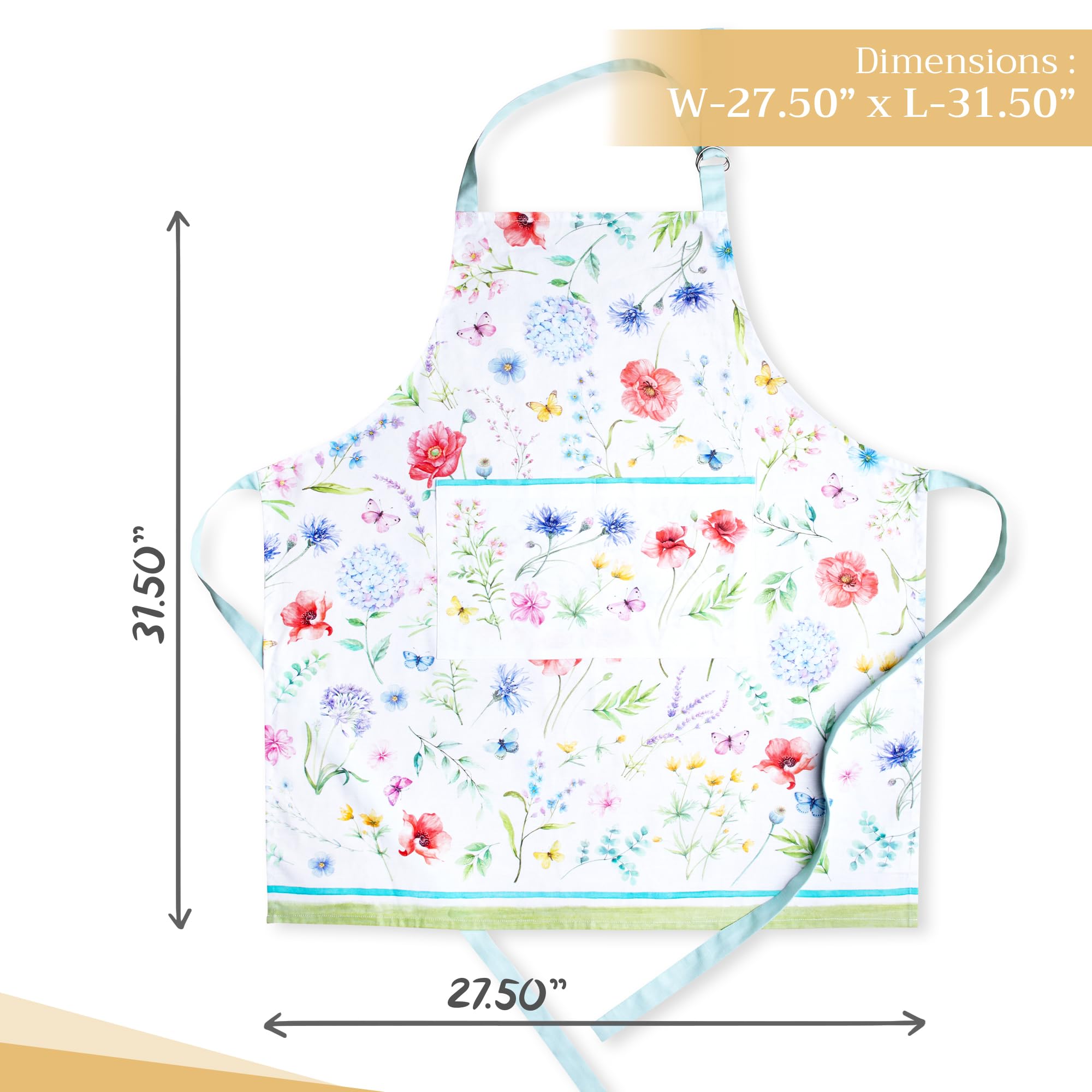 Maison d ' Hermine Apron 100% Cotton 1 Piece Adjustable Neck Strap Apron with Center Pocket & Long Ties for Gifts  Chef  Women & Men Parties  Just Floral - Spring/Summer (27.50 ''x31.50 '')