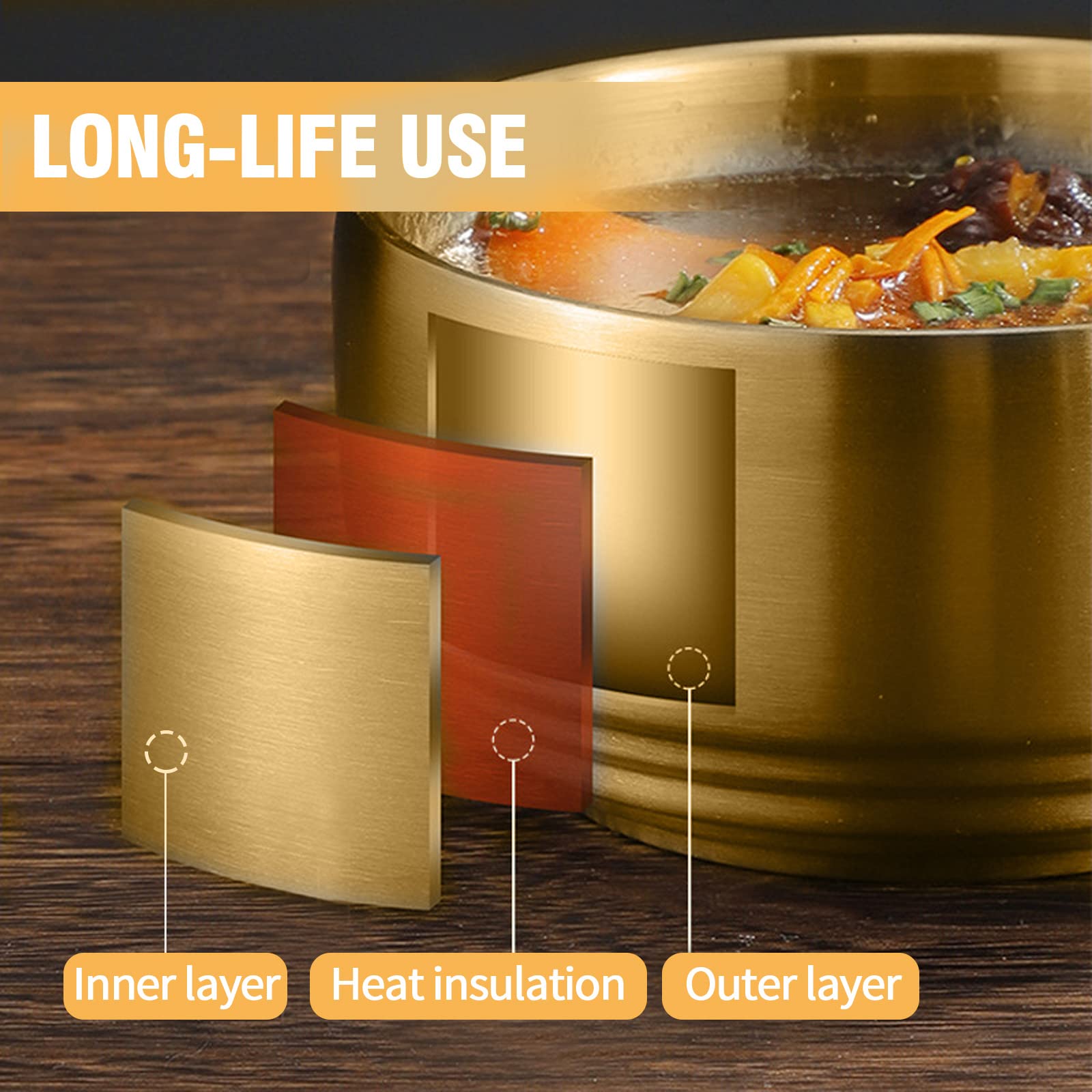 Mdeoosky 2Pcs 304 Stainless Steel Rice Bowls, Gold Metal Bowl With Lid, Double Layer Anti Scalding Bowl, Rice Bowls Soup Bowl Sa