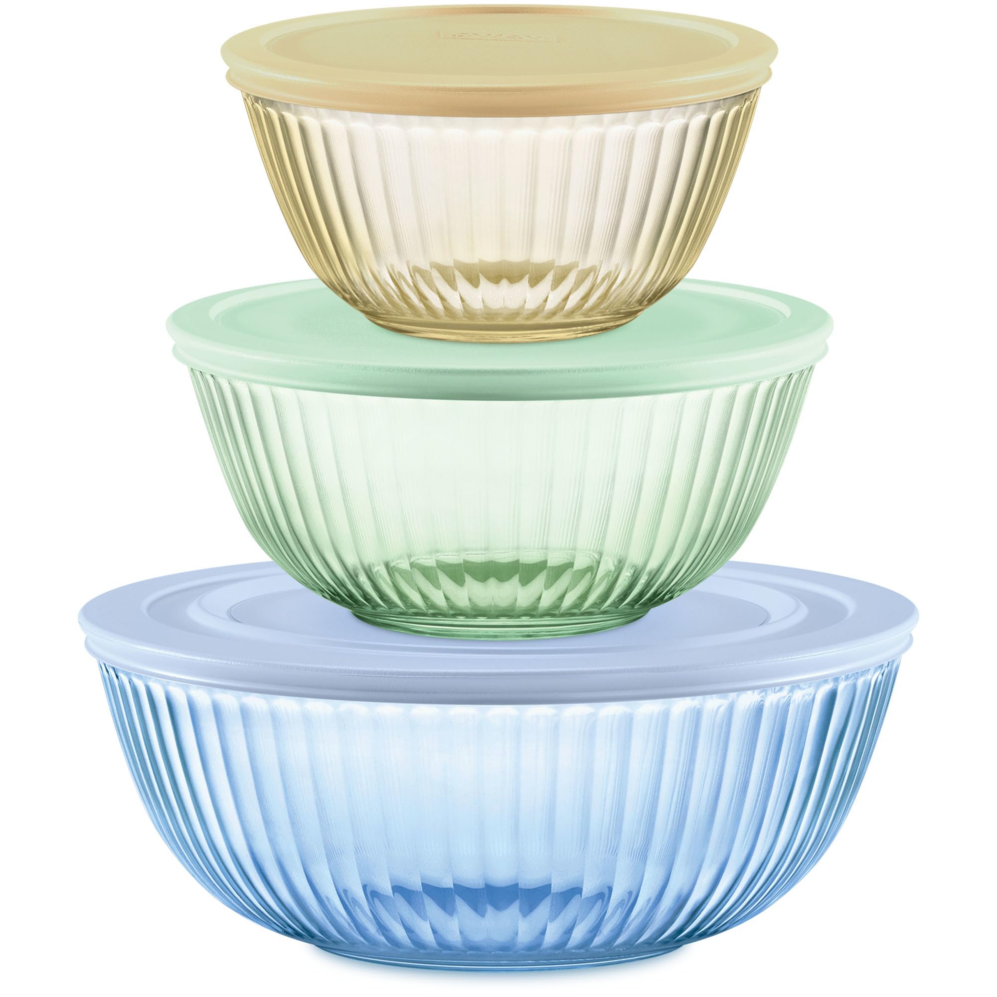 Pyrex Colors Tinted (3-Pack, Full Set) Sculpted Tinted Glass Mixing Bowls With Lids, Nesting Space Saving Set of Bowls For Prepp