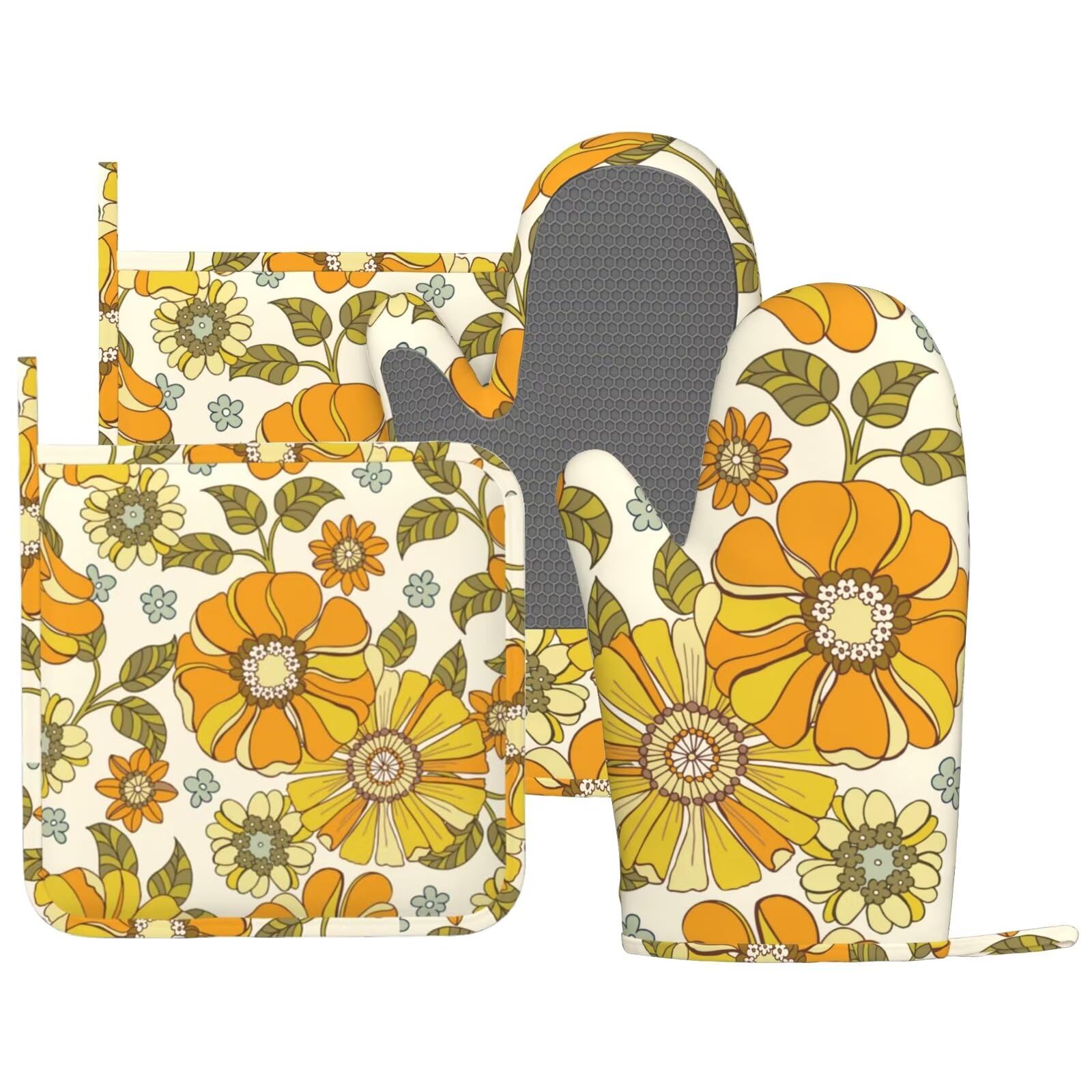 Mifsoiavv Retro 70S Style Flower Oven Mitts And Pot Holders Sets Silicone Kitchen Mitts Potholders Heat Resistant 4Pcs Oven Glov