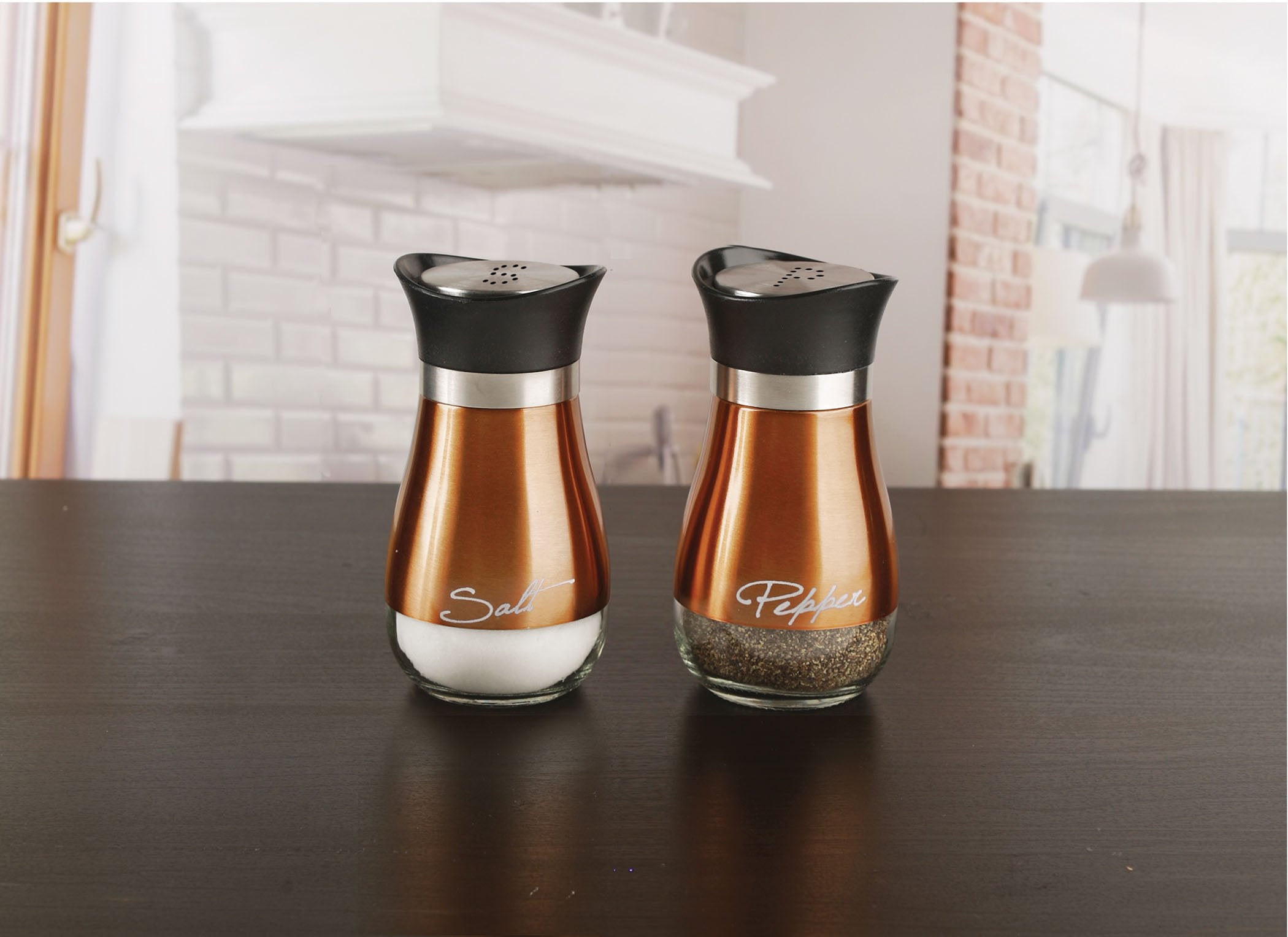 Circleware Cafe Contempo Elegant Glass Salt and Pepper Shakers Dispenser  Clear Bottom Jar Bottle Container with Stainless Steel Top  Perfect for Himalayan Seasoning Herbs Spices  4.4 oz  Copper