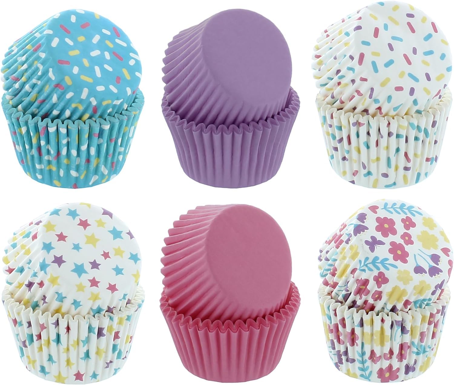 Bakery Crafts Pastel Everyday Baking Cups - 300-2'' Cupcake Liners With Multi-Colored Stars, Confetti, And Flowers In Pastel Sha