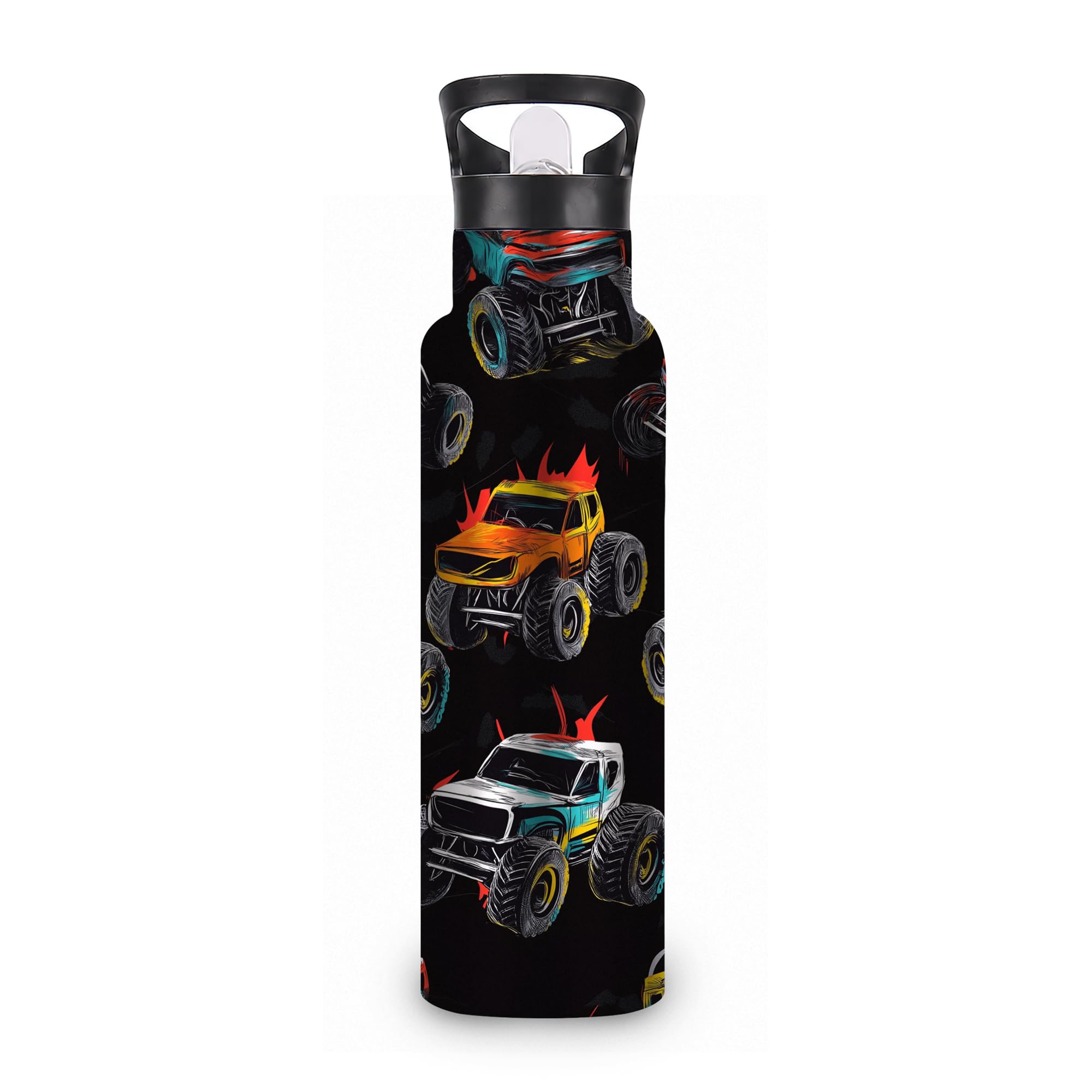 ICRICR Monster Truck Insulated Water Bottle,Racing Offroad Stainless Steel Water Bottles 20 oz with Straw Lid,Leak Resistant Dou