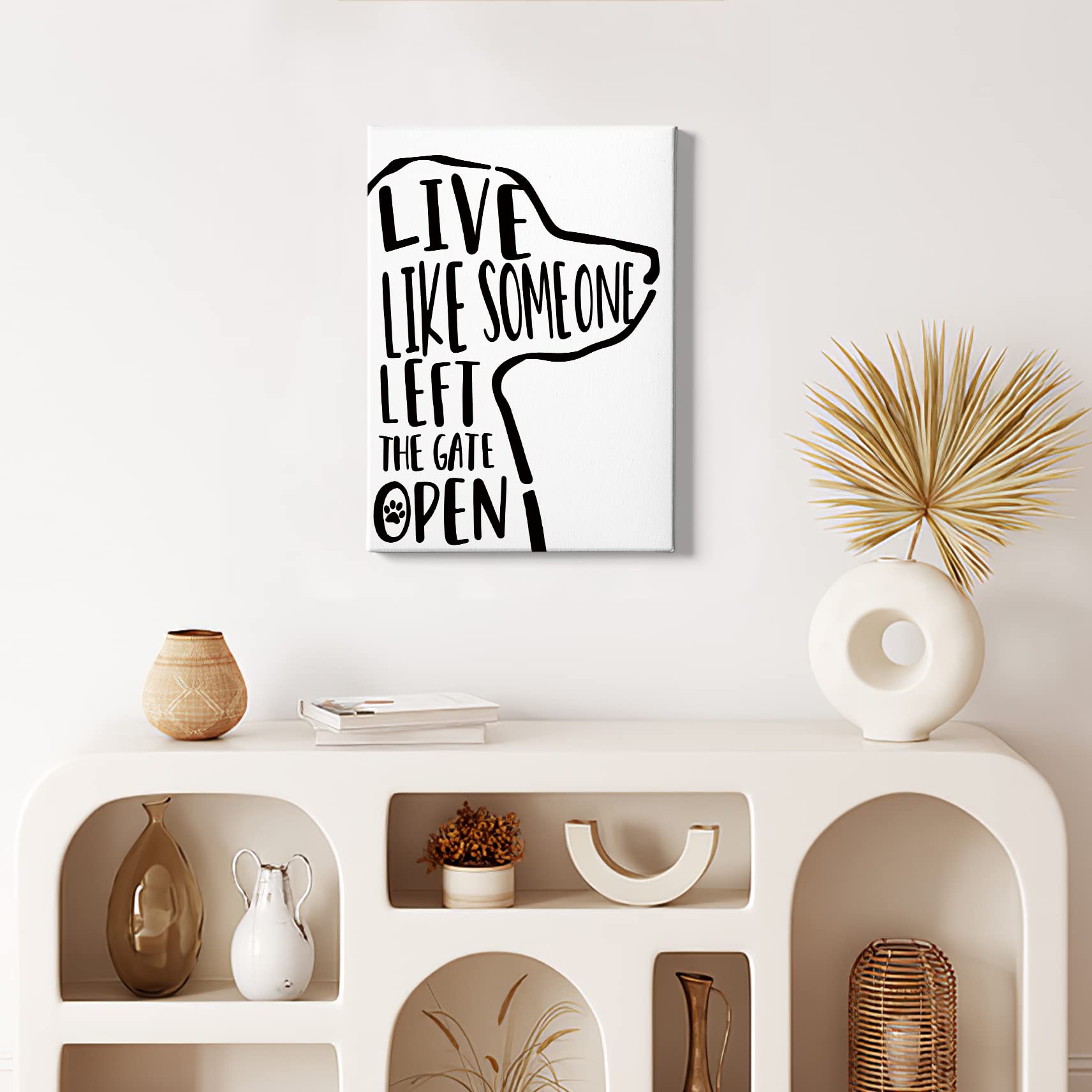 HIWX Dog Wall Art - Framed Canvas Painting, "Live Like Someone Left The Gate Open," 11x14 Inch, White, Home Decor for Living Room, Bedroom, Bathroom
