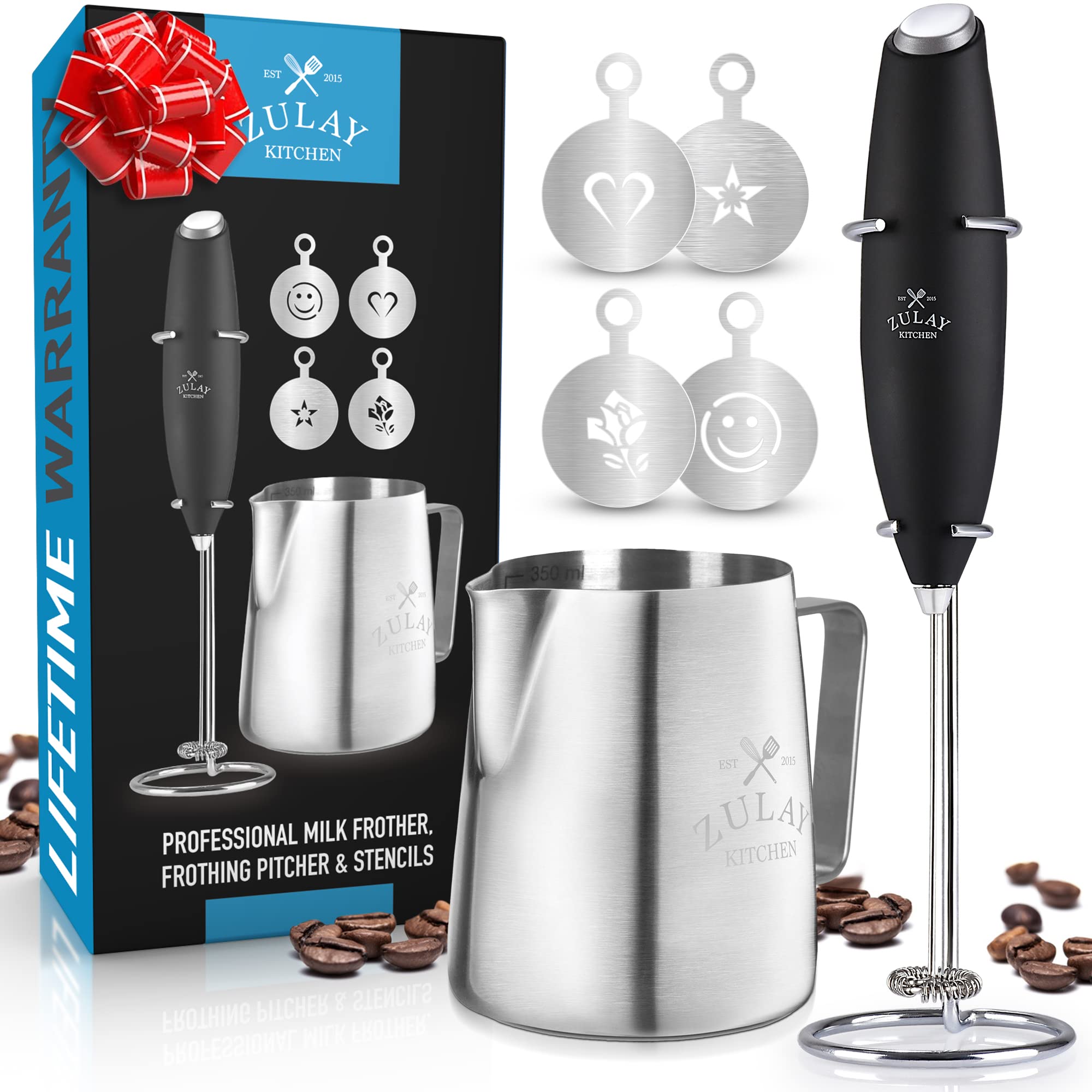 Zulay Kitchen Premium Gift Milk Frother Complete Set - Handheld Foam Maker, Stencils & Frothing Pitcher Set - Whisk Drink Mixer
