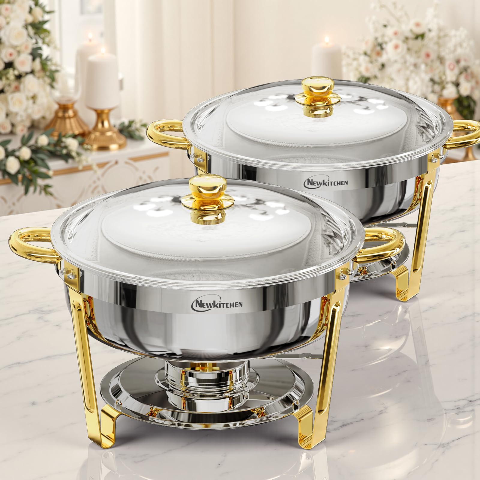 Chafing Dishes for Buffet 2 Pack, 6QT Round Chafing Dishes for Buffet [Elegant Gold and Silver Colors] Stainless Steel Chafing D