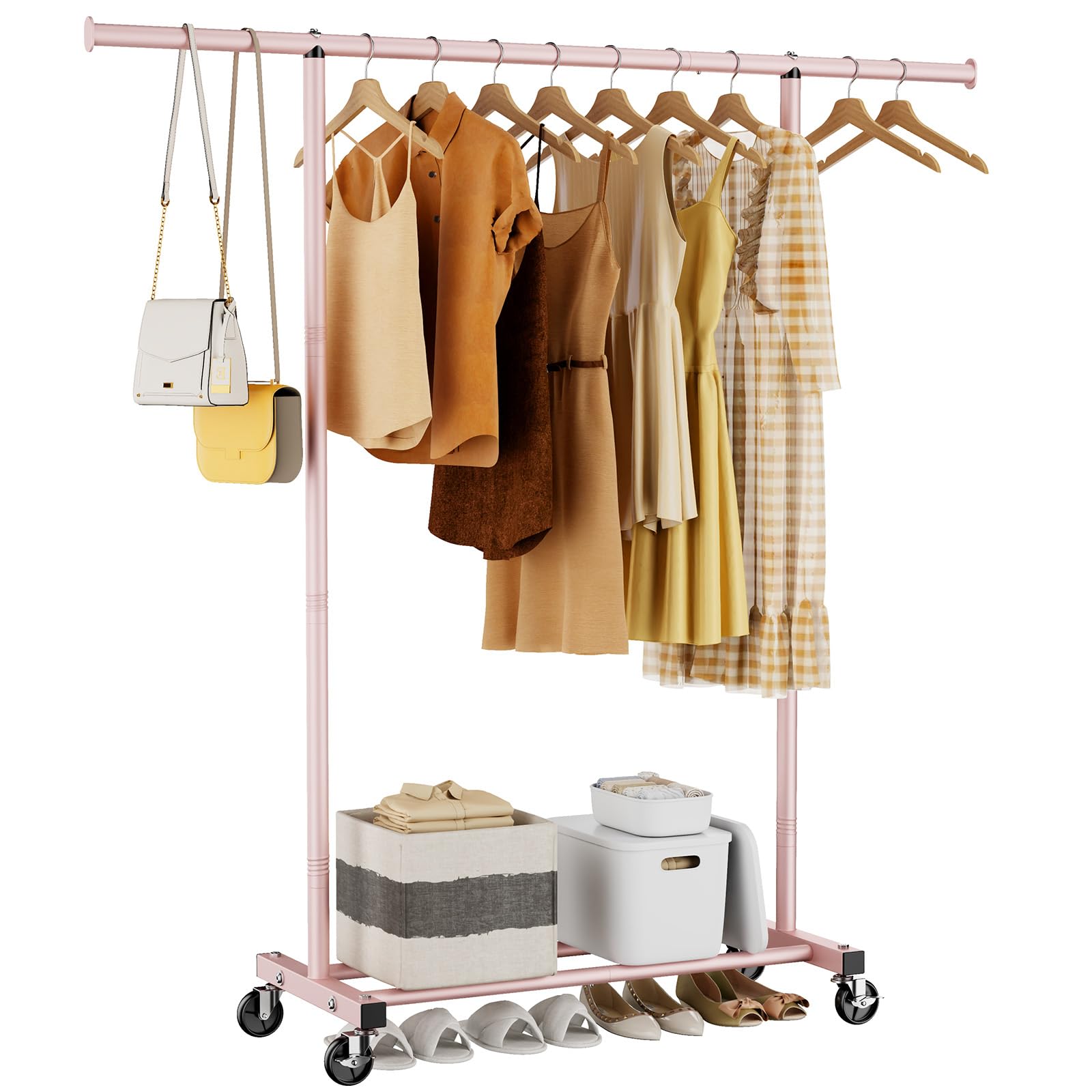 Clothes Clothing Garment Rack With Wheels,46.5'' L Portable Rolling Clothing Racks For Hanging Clothes, Sturdy Closet Wardrobe R