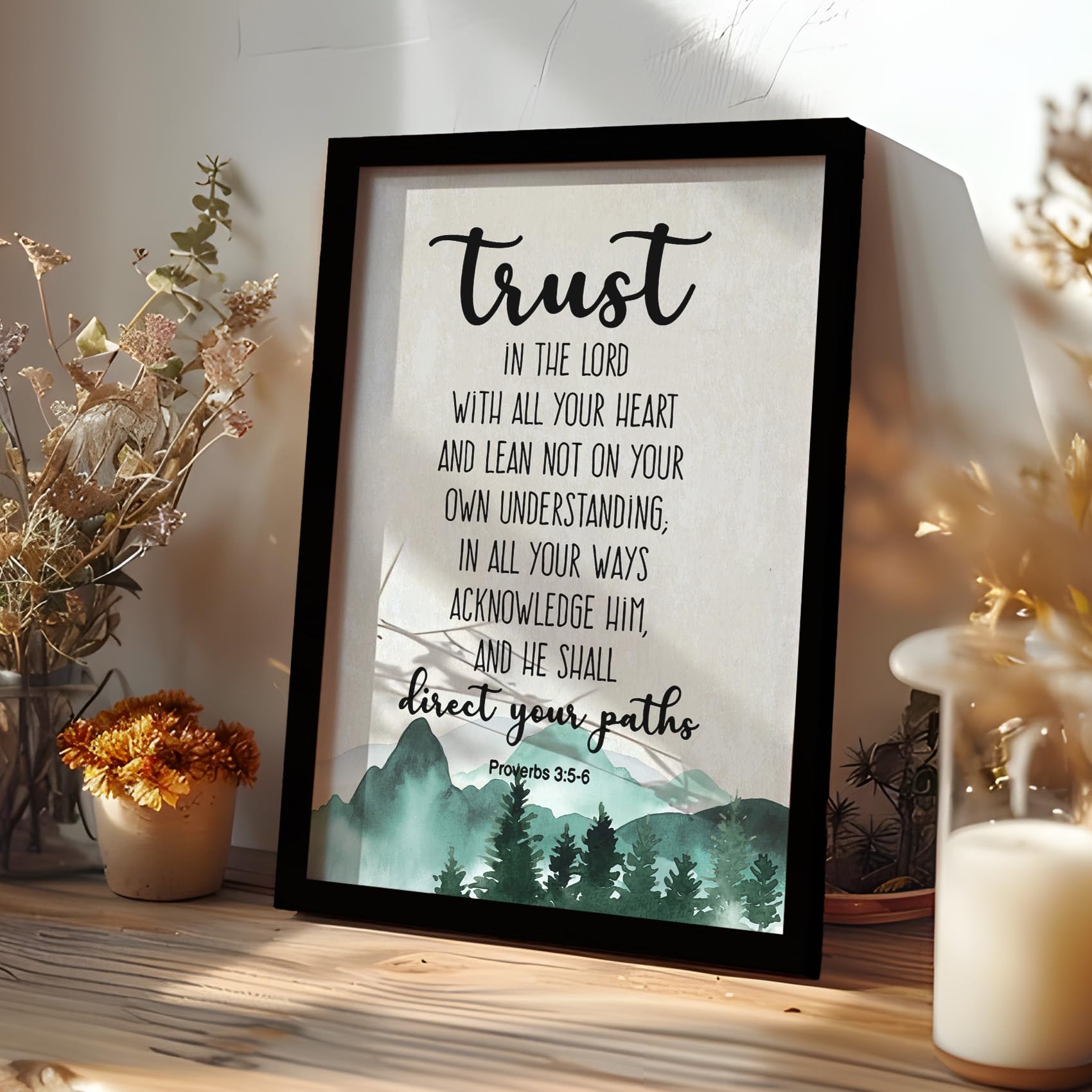 Phamte Christian Proverbs 3:5-6 Trust In The Lord With All Your Heart Framed Wall Art Prints Posters Decor, Bible Verse Religiou