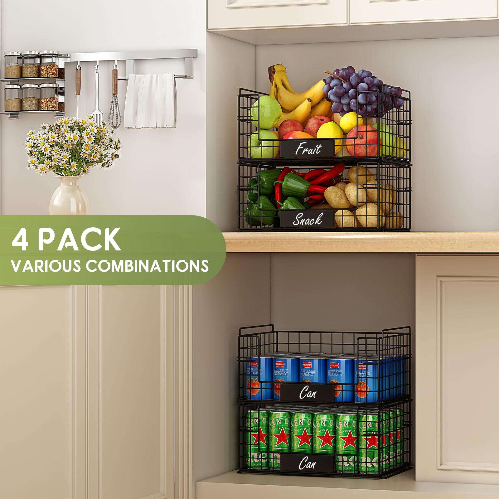 Jksmart 4 Pack Xxl Stackable Wire Baskets With Handles For Pantry Storage And Organization,Fruit And Vegetable Basket With Name