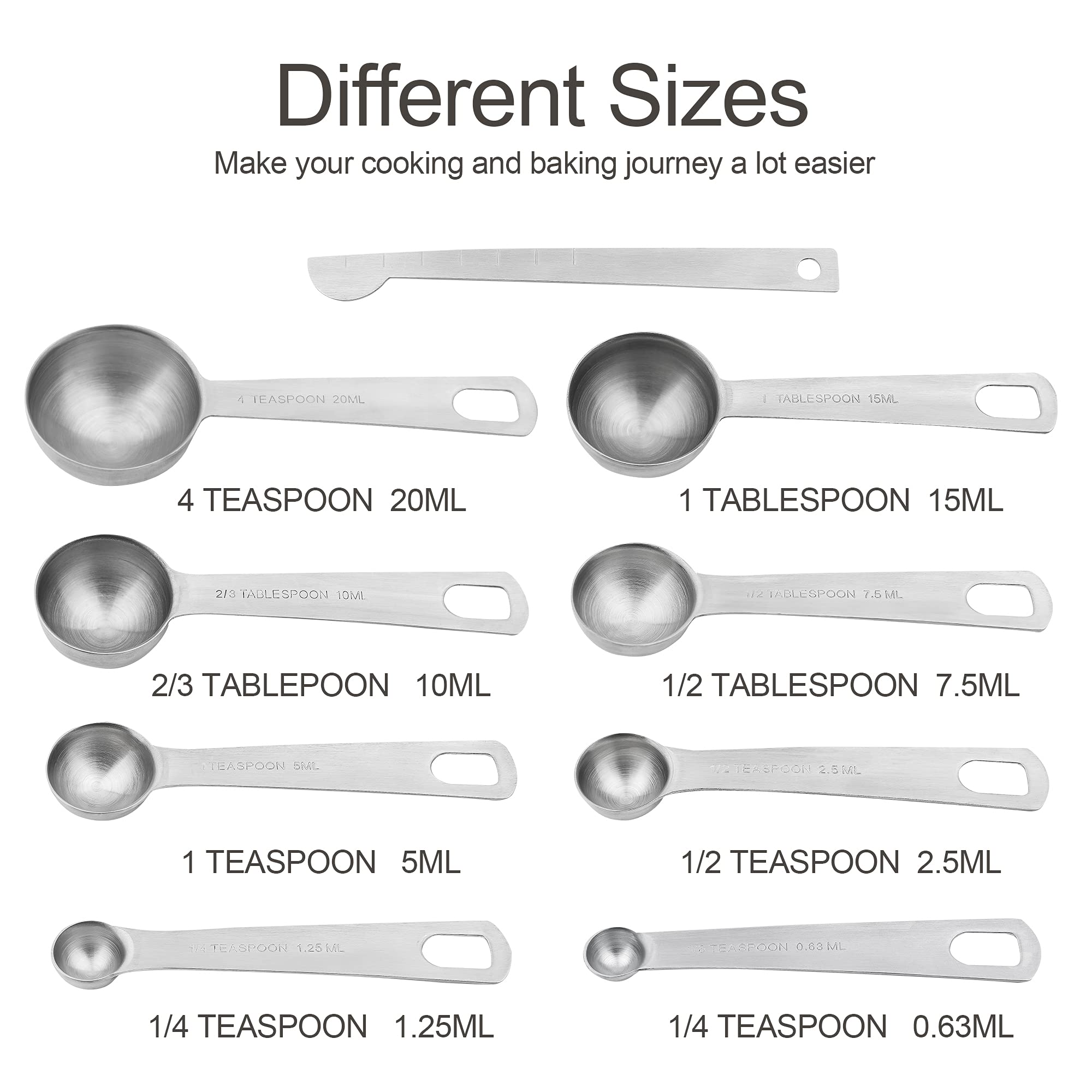Measuring Spoons, Stainless Steel Measuring Spoons Set, 18/8(304) Steel Measuring Spoons, Heavy Duty 8 Measuring Spoons And 1 Le