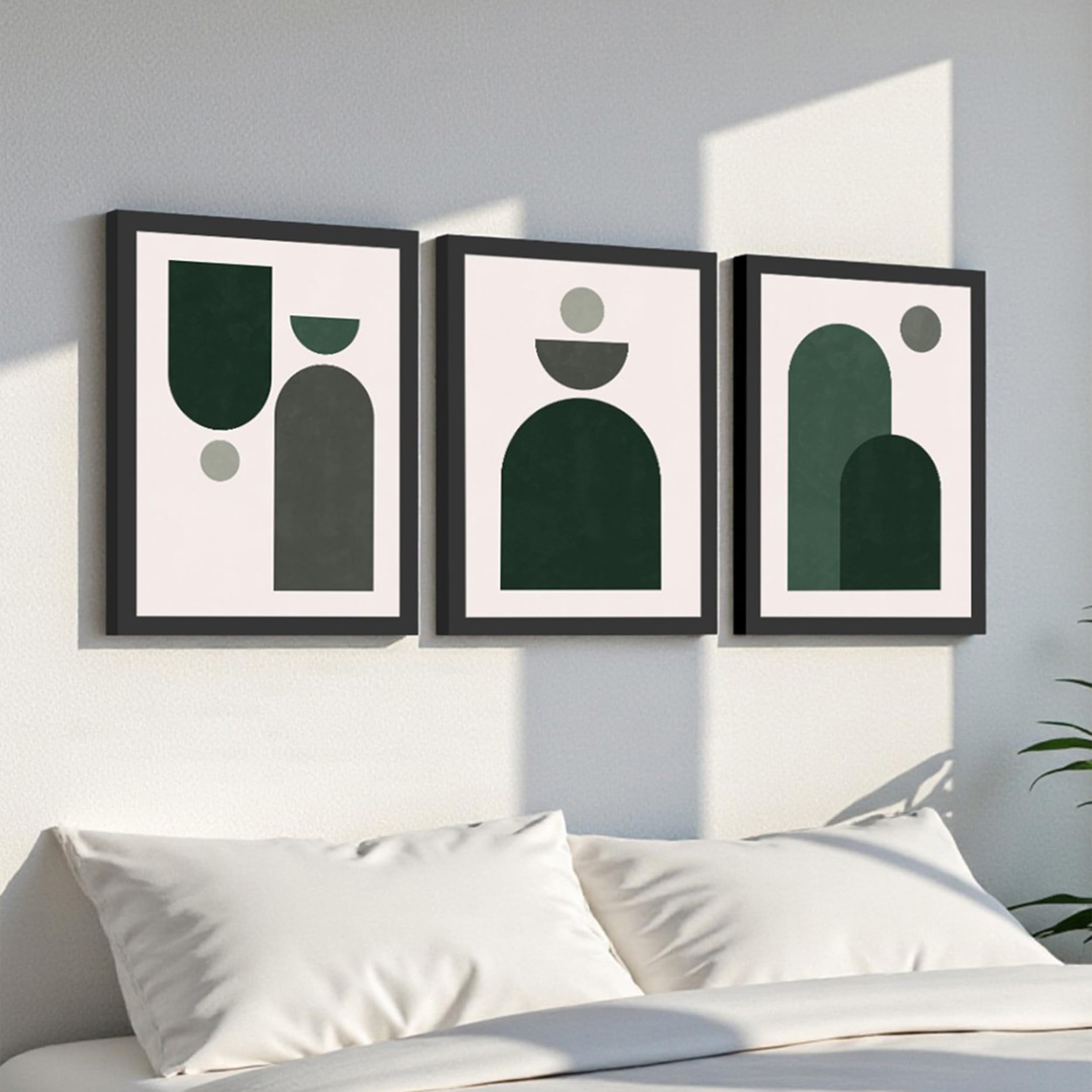 Paintingmantra Modern Abstract Framed Wall Art Set Of 3 | Minimal Geometric Prints In Green & Grey For Living Room, Bedroom & Of