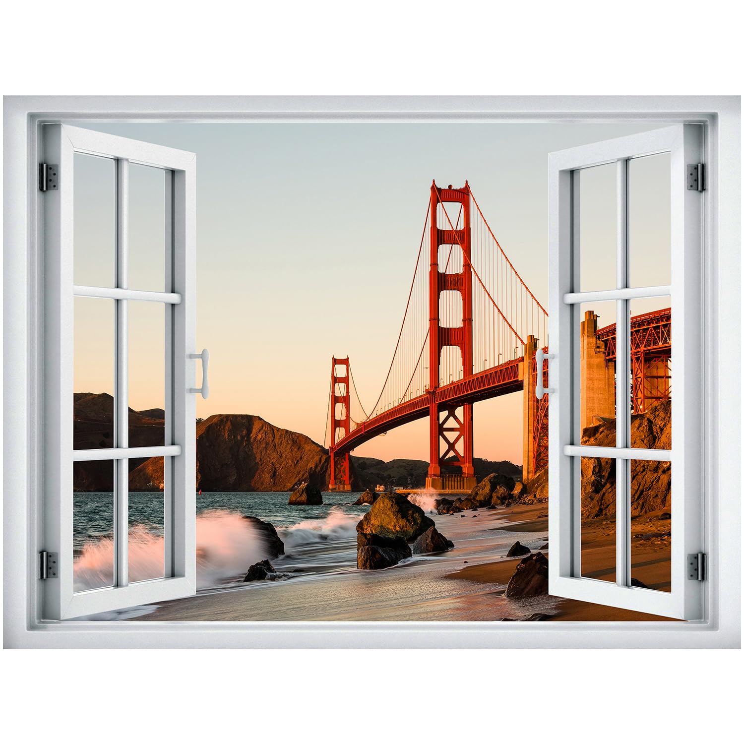 wall26 Removable Wall Sticker/Wall Mural Window View San Francisco Golden Gate Bridge Sunset Nature Wilderness Photography Realism Landscape Multicolor for Living Room  Bedroom  Office - 36''x48''