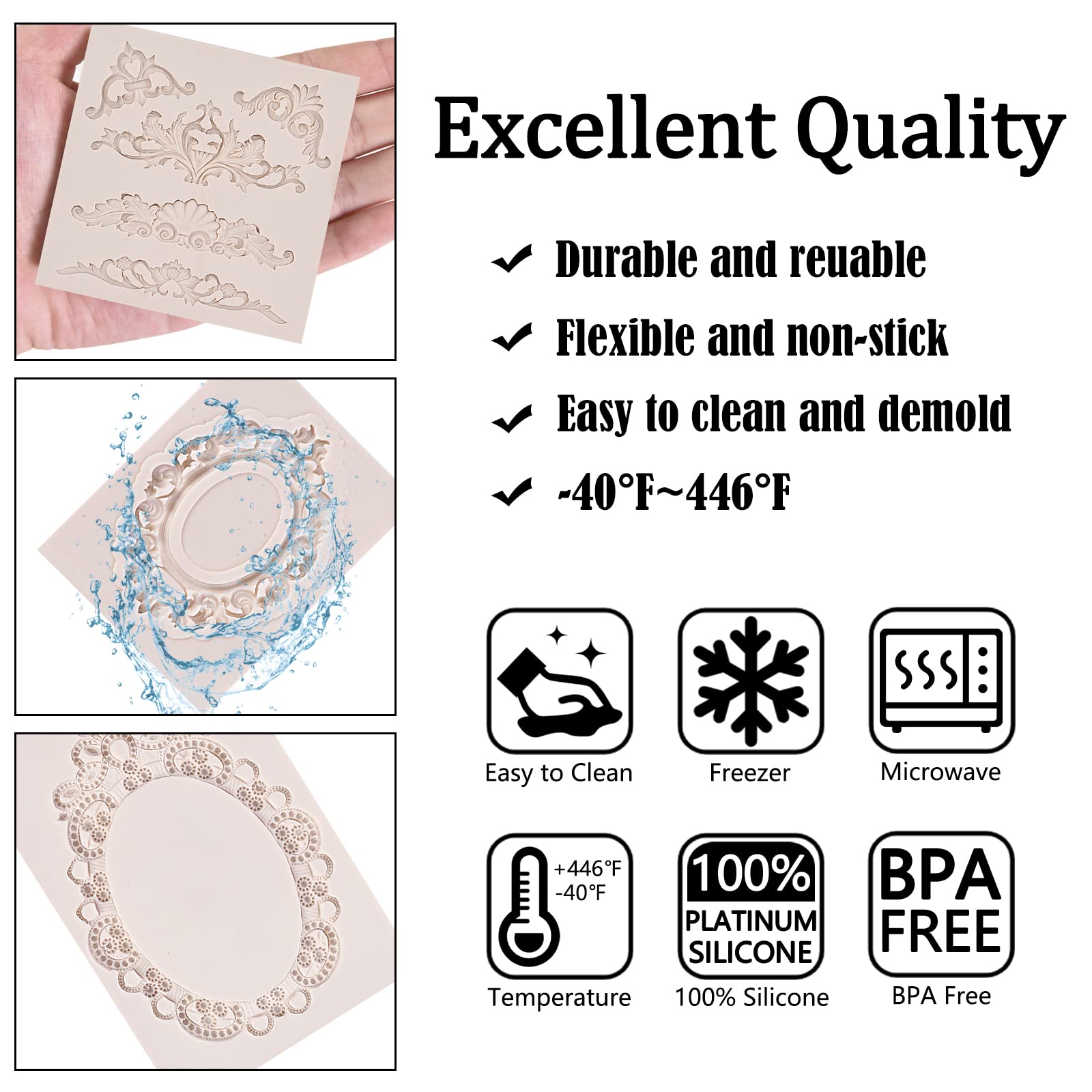 Baroque Photo Frame Silicone Molds 4 Pcs, Royal Floral Scroll Embossed Fondant Molds For Cake Cupcake Decorating, Cookies, Candy