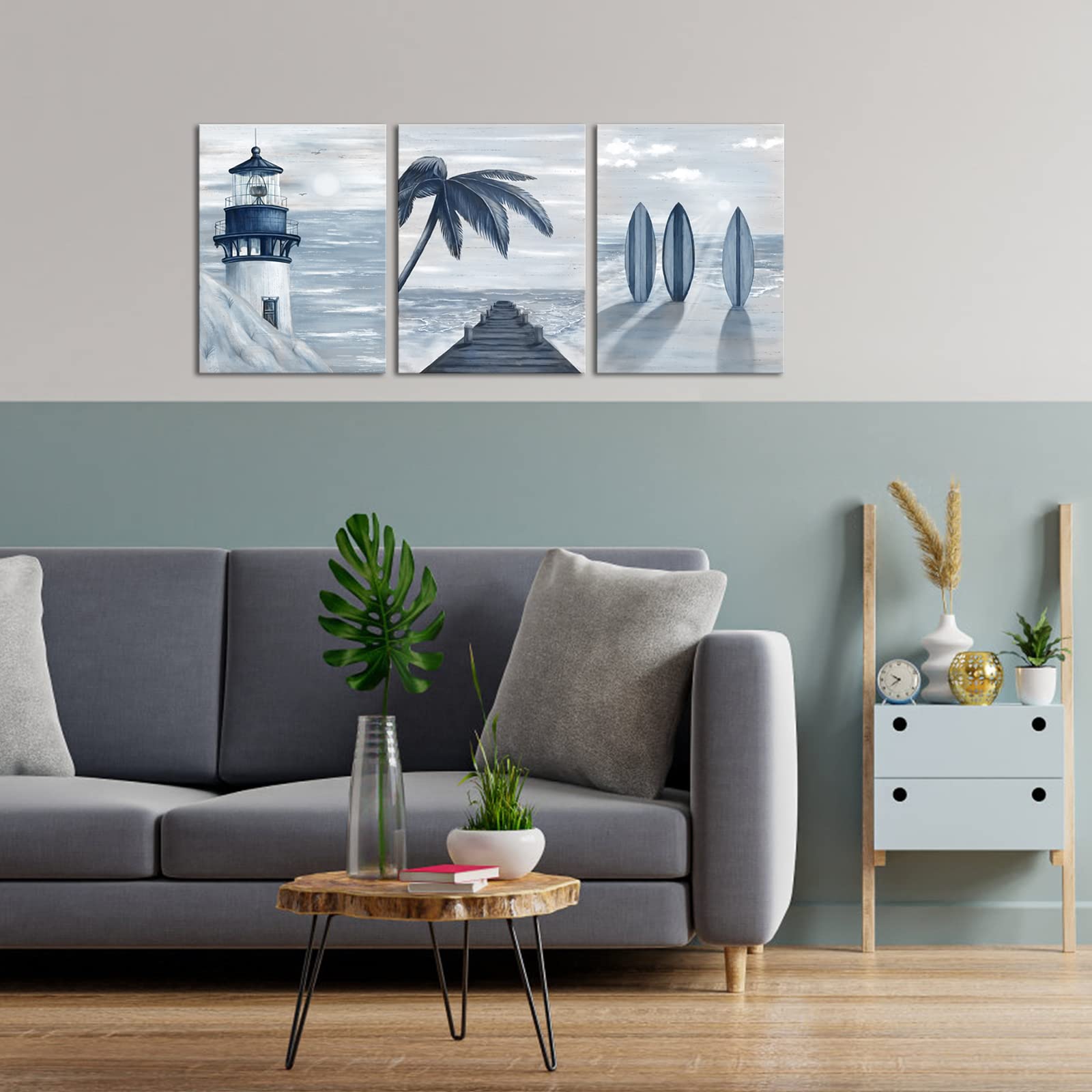 Homeoart Blue Beach Wall Art Prints Ocean Pier Coastal Dock Seascape Lighthouse Painting Nautical Theme Framed Stretched Artwork