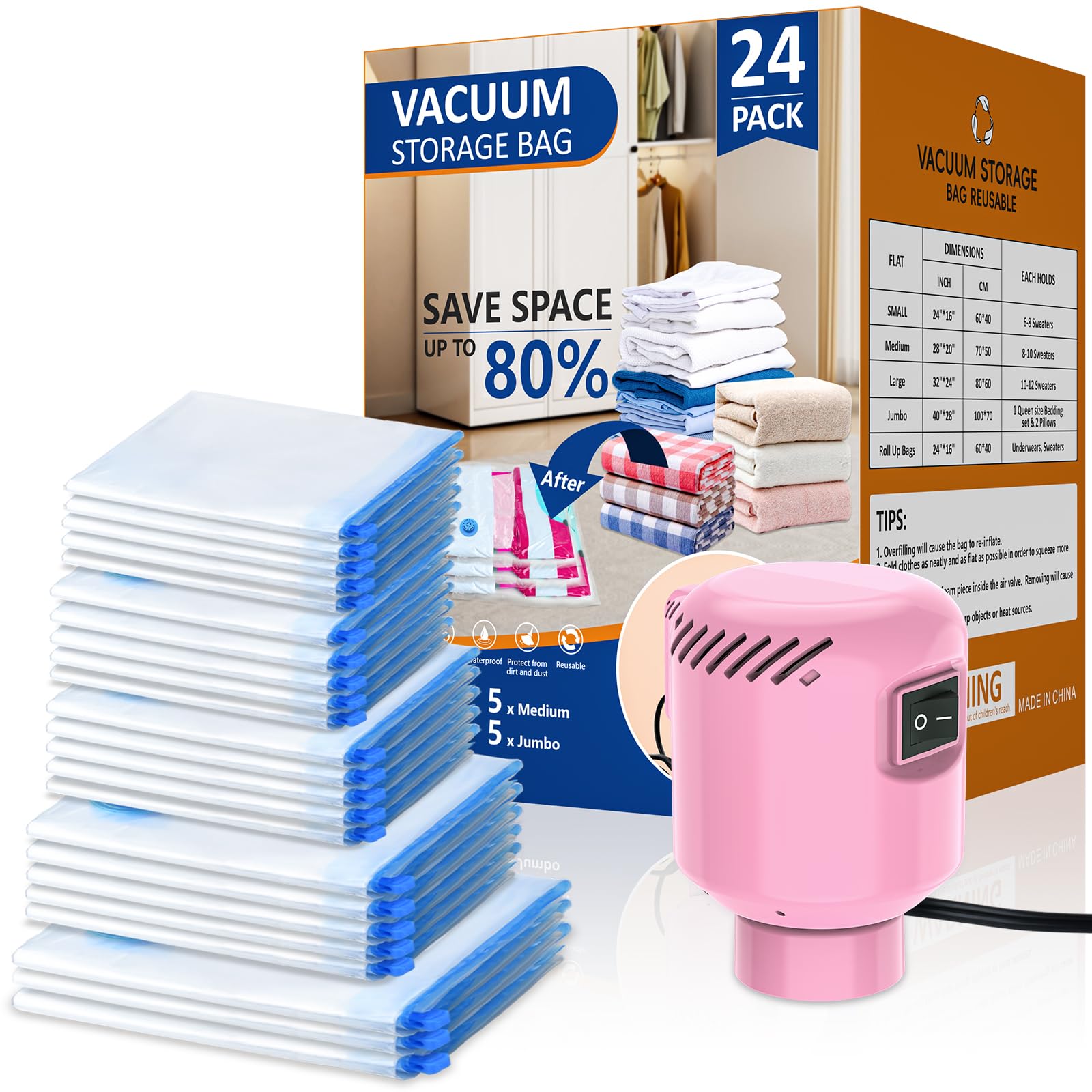 24 Pack Vacuum Storage Bags With Electric Pump, New Air Valve Space Saver Bags (5 Jumbo, 5 Large, 5 Medium, 5 Small, 4 Roll Up B