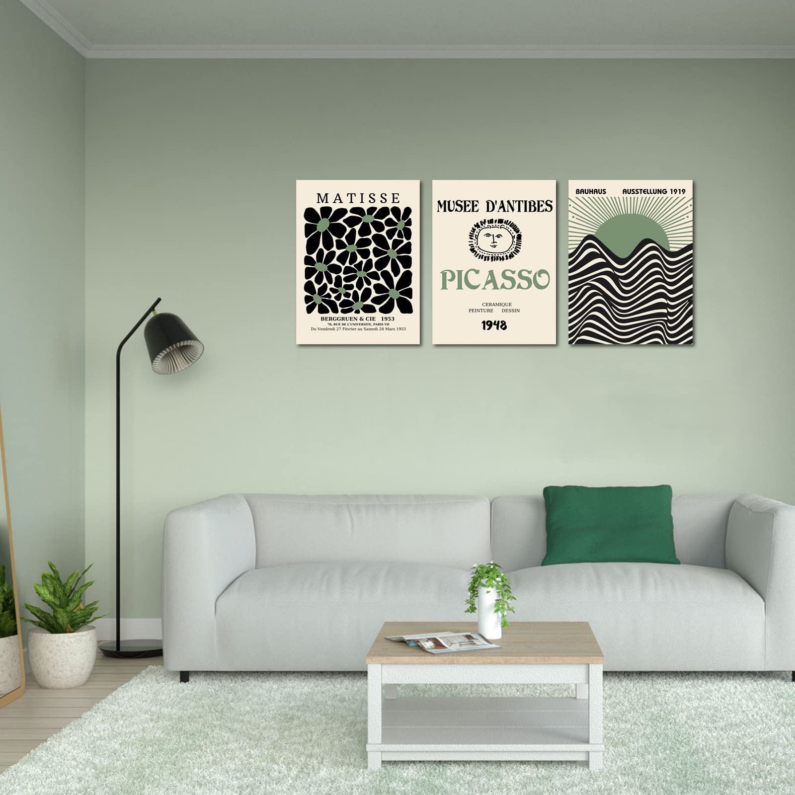 Sage Green Matisse Wall Art Set Of 3, Abstract Matisse Wall Art Posters Decor, Minimalist Framed Wall Art Geometric Line Sun Ris