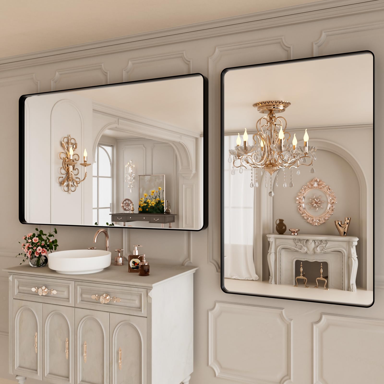 Istripmf 48X30 Inch Black Bthroom Mirror,Black Metal Frame Vanity Mirror,Rounded Rectangular Matte Black Wall Mirrors,Tempered G
