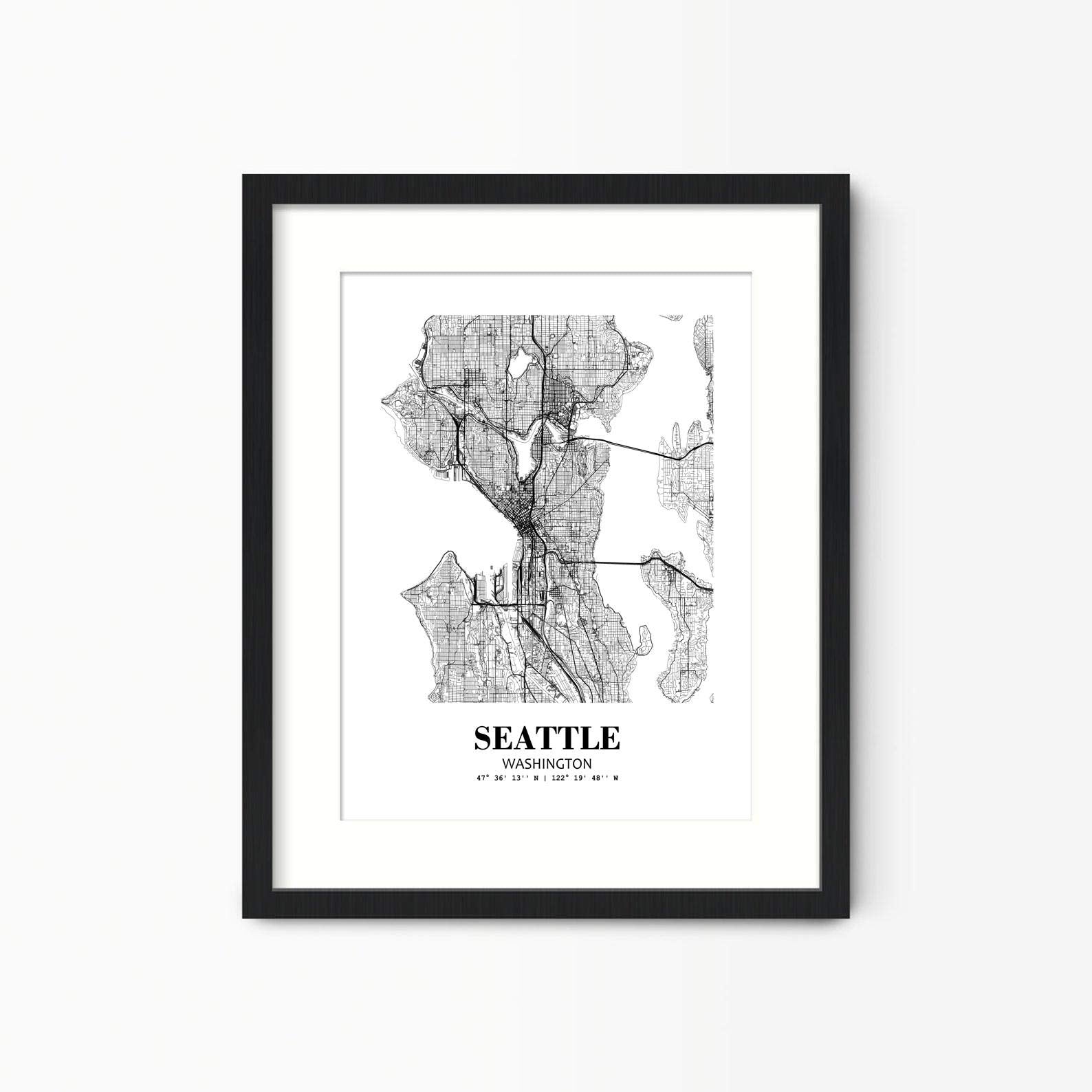 Eleville 8X10 Unframed Seattle Map Art Print - Modern Minimalist Line Art - White Paper - Model wgn483