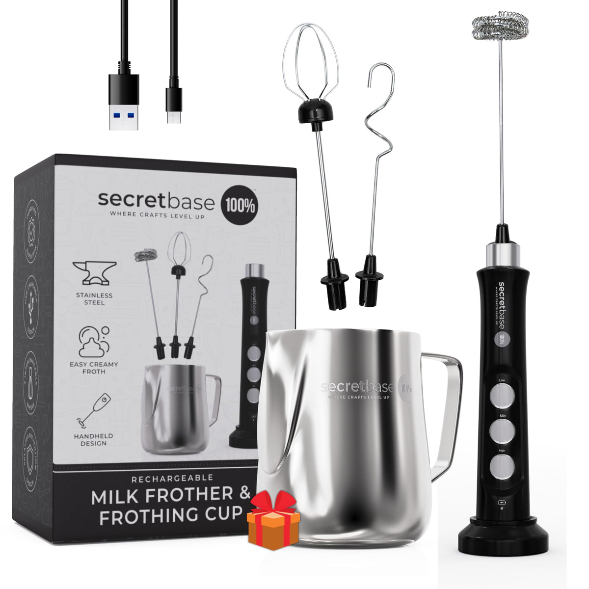 Secretbase 3 Speed Rechargeable Milk Frother And Cup Set, Cordless Usb Charging Cradle - Handheld Milk Frother, Double-Thickness