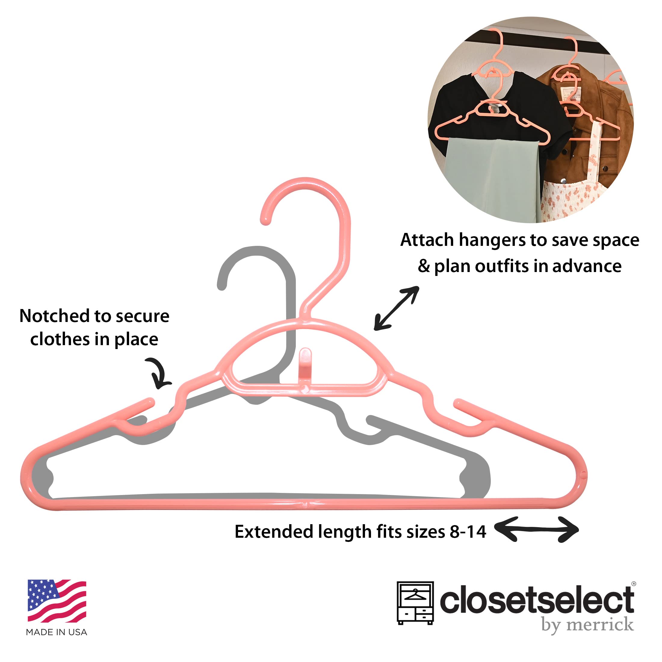 30 Pk Peach Youth Petite Plastic Hangers For Children Clothes Sizes 8 To 14, Petite, Teen, Preteen, Junior, 30 Pack (Peach)