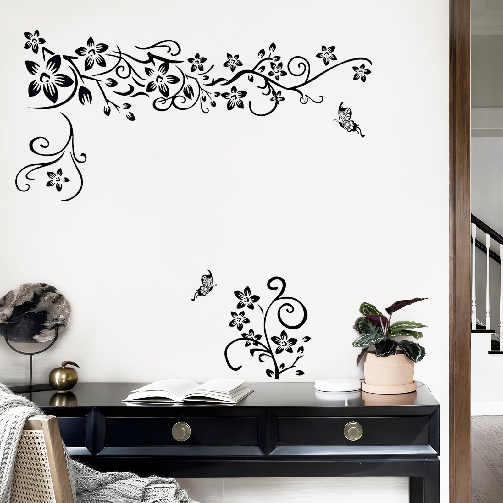 Supzone Flowers Vine Wall Decals Black Flowers Wall Stickers Butterfly Wall Decor Removable Vinyl Diy Home Wall Art Stickers For