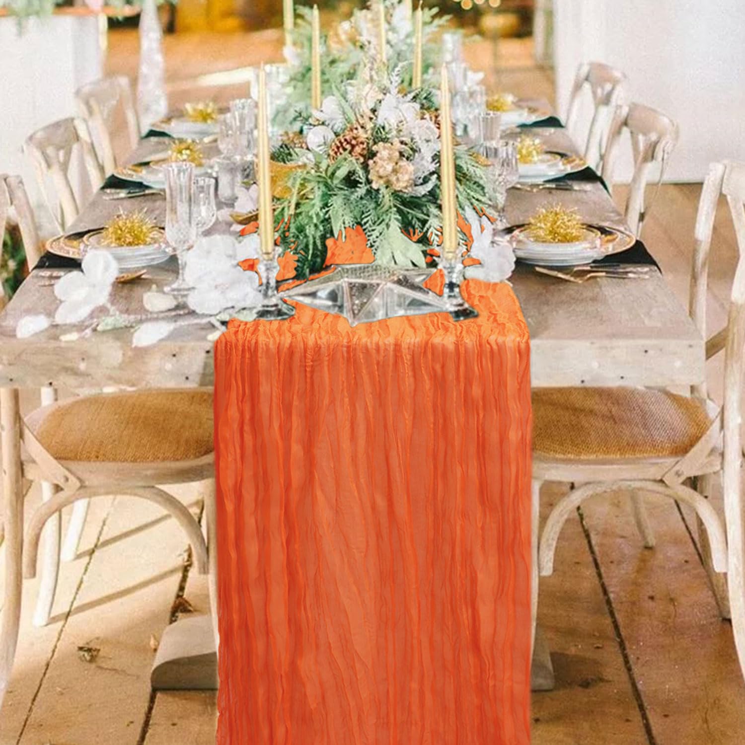 Fanproms Orange Cheesecloth Table Runner Boho Rustic Gauze Table Runner 10Ft Cheese Cloth Wedding Table Decorations For Fall Hal