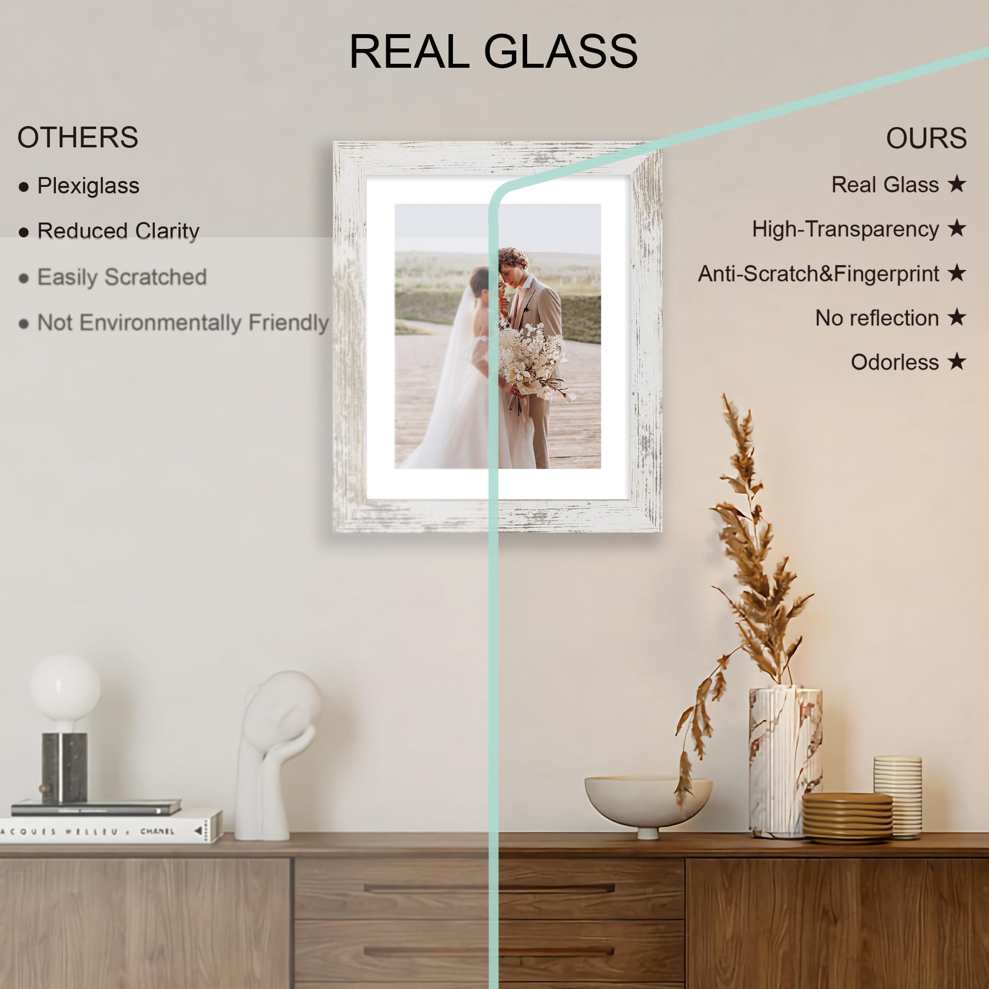 Hongkee 9x11 Picture Frame Set of 4, Made of Real Glass and Distressed White Frame - Display Picture 7x9 with Mat or 9x11 Withou