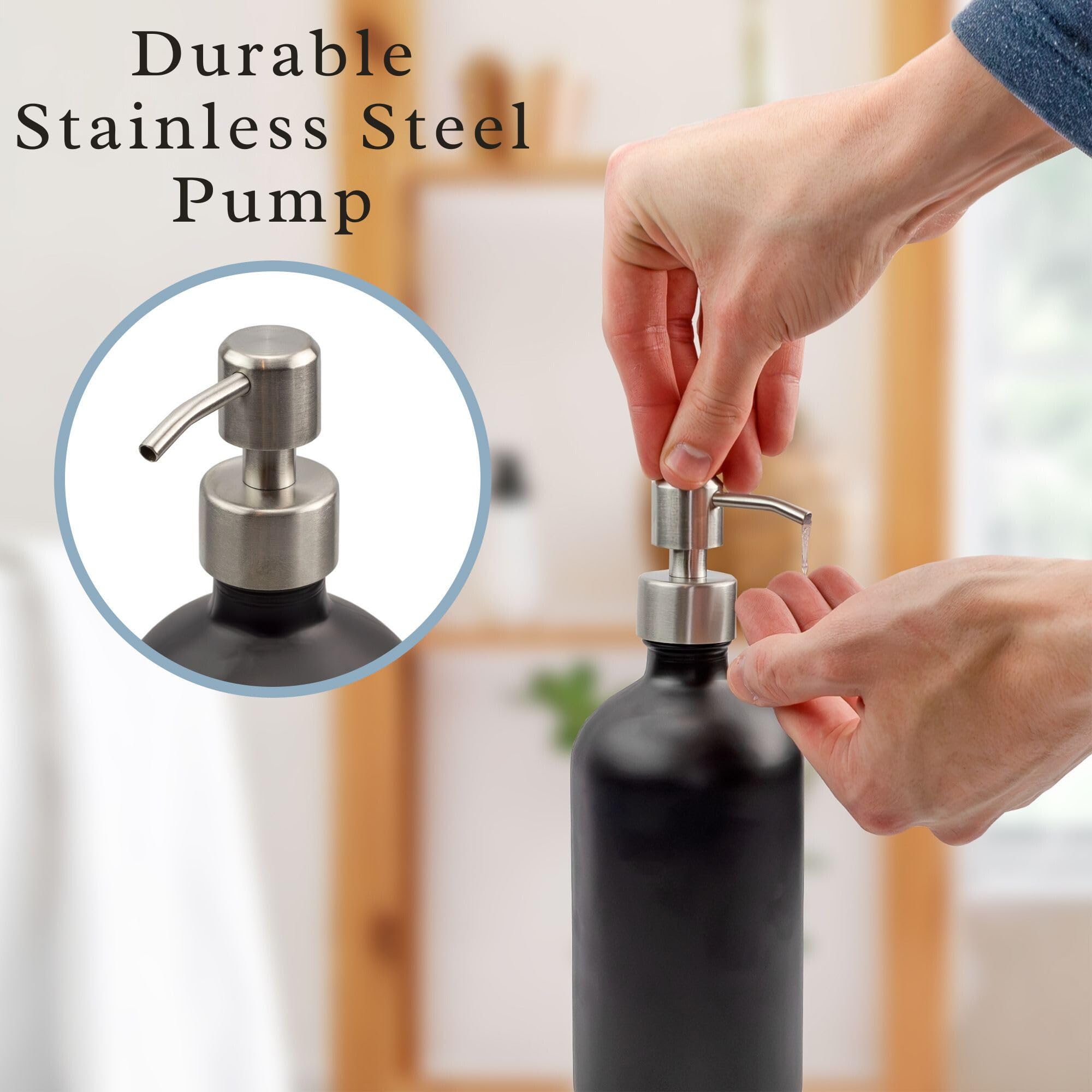 16Oz Black Glass Bottles W/Stainless Steel Pumps (2-Pack); Black Coated Boston Round; Lotion, Hand Care & Soap Dispensers