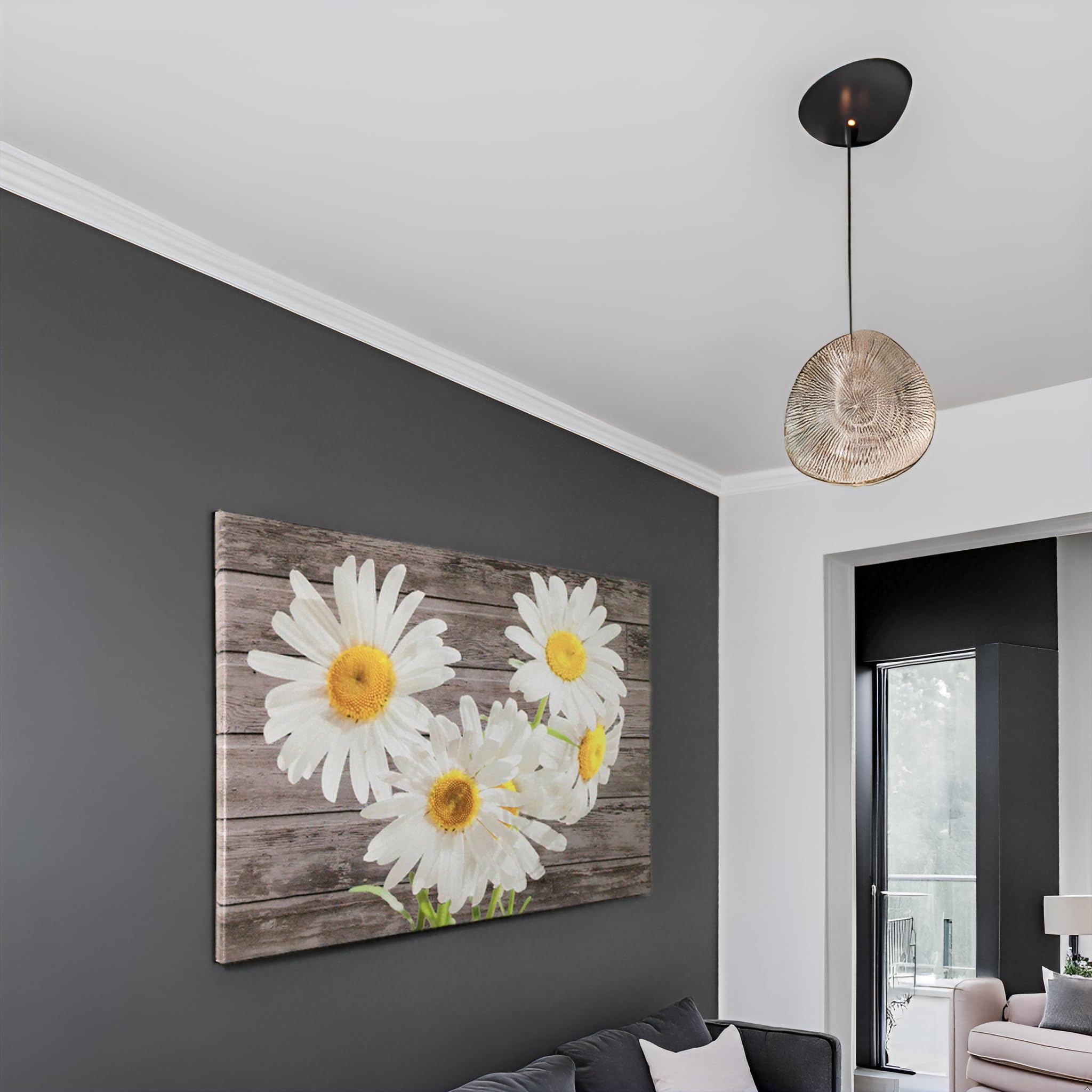 Taomi White Flower Rustic Wall Decor Poster Artwork Canvas Print Bedroom Wall Art Yellow Daisy Floral Greyscale Wooden Grain Pic