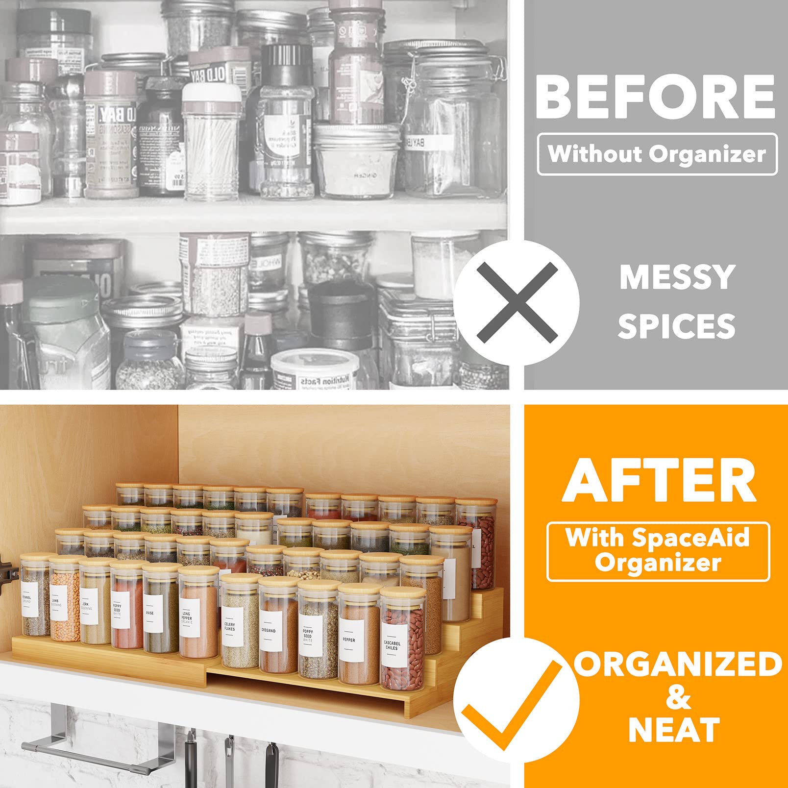 SpaceAid 4 Tier Bamboo Spice Rack Organizer for Cabinet, Kitchen Pantry Spices Storage Rack for Cabinets Organization, Home Seas