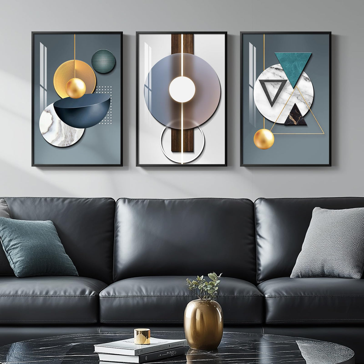 Framed Modern Wall Art For Living Room, 3 Piece Modern Luxury Bright Style Blue Green Paintings Wall Decor, Geometric Prints Art