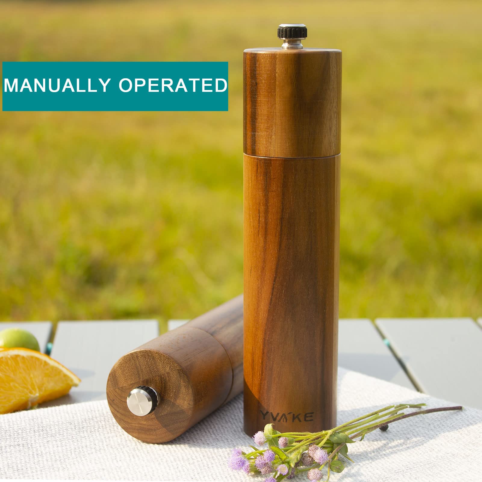 Yvake Wooden Salt And Pepper Grinder,8 Inch Manual Salt And Pepper Mill, Adjustable Coarseness And Refillable,Acacia Wood Pepper